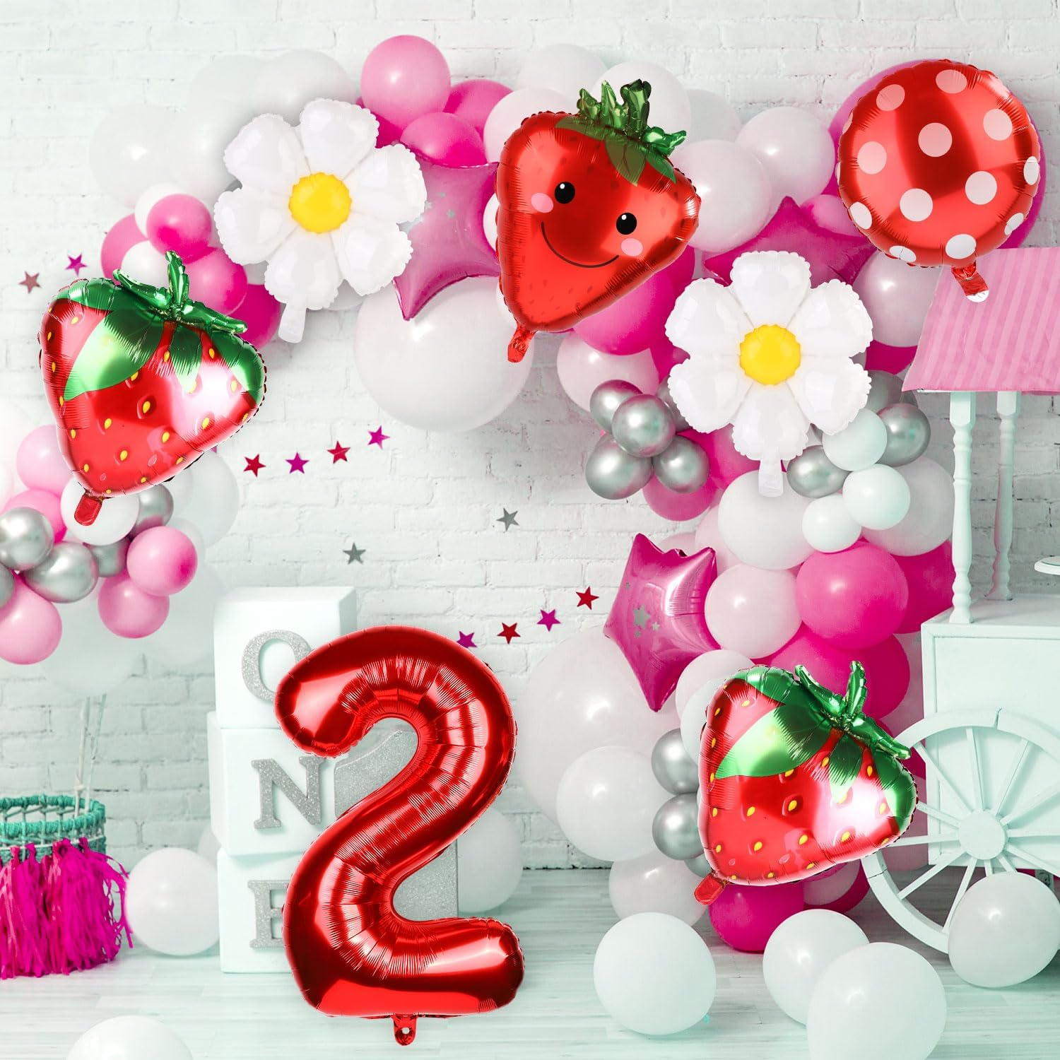 7Pcs Strawberry Party Balloons Kit, Strawberry Balloon Garland Sweet Number Strawberry Party Decorations Strawberry Foil Balloons for Birthday Backdrops (Number 2) image number 3