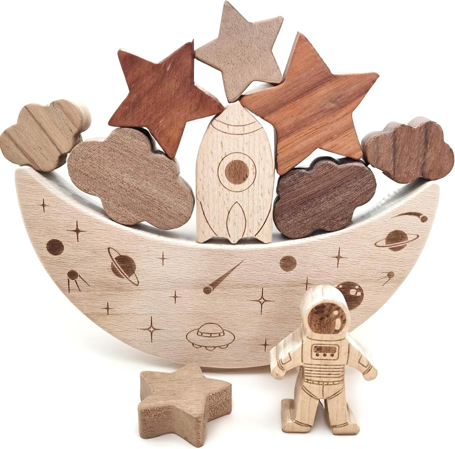 Montessori Wooden Balance Stacking Toys for Toddler, Wooden Stacking Blocks Toys, Toddlers Educational Toys for Baby Boy Girl Ages 3-5 Years Old,Space Theme Balance Game