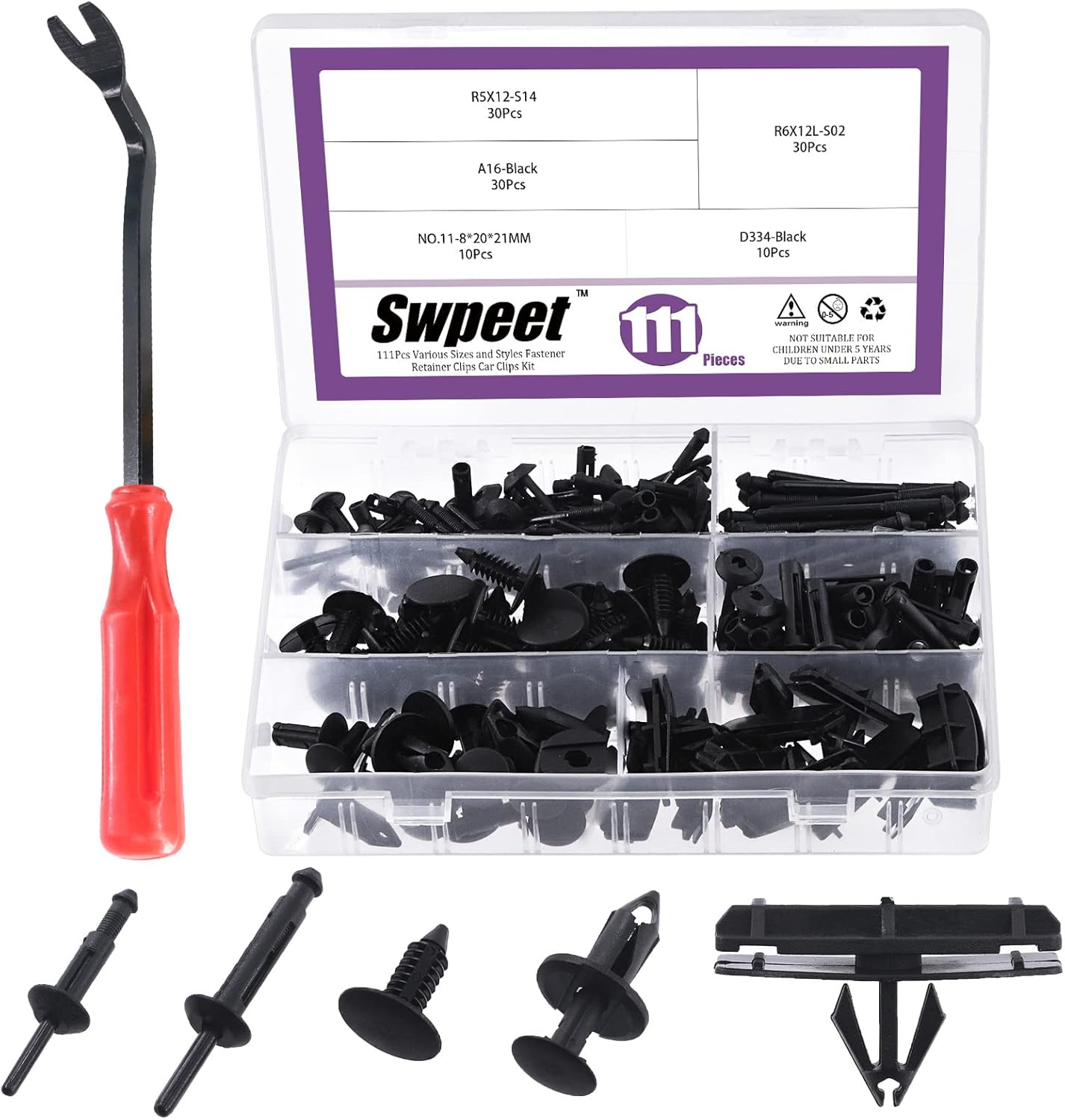 Swpeet 111Pcs 5 in 1 Fastener Bumper Retainer Clips Car Clips with Fastener Remover Kit, Plastic Rivets Grille Fender Flare Hardware Compatible with 2007-2022 Jeep Wrangler & 2005-2010 Grand Cherokee image number 4