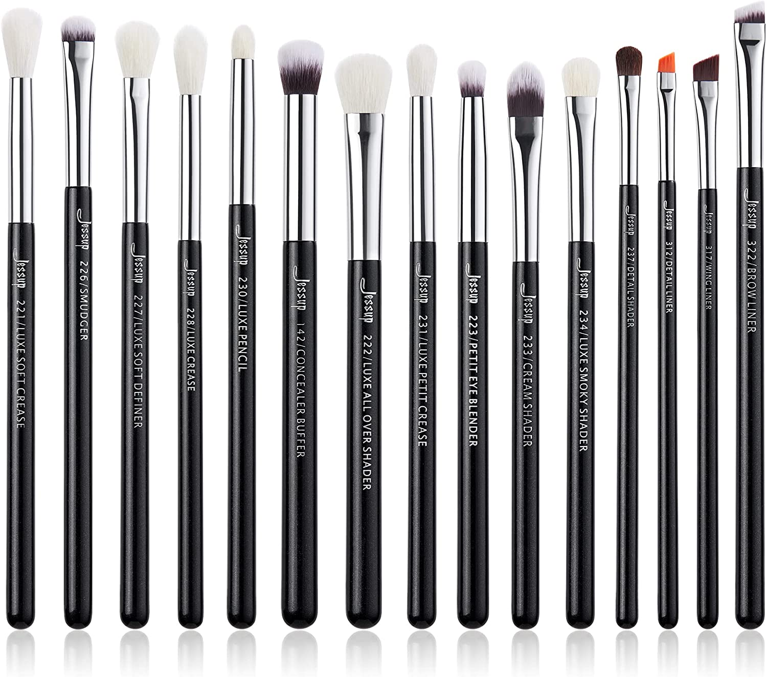 Jessup 15Pcs Professional Makeup Brushes Set Make up Brush Tools Kit Cosmetics Tools Eye Liner Shader Wood Handle Natural-Synthetic Hair Brushes Pearl Black/Silver (Black/Silver), T177