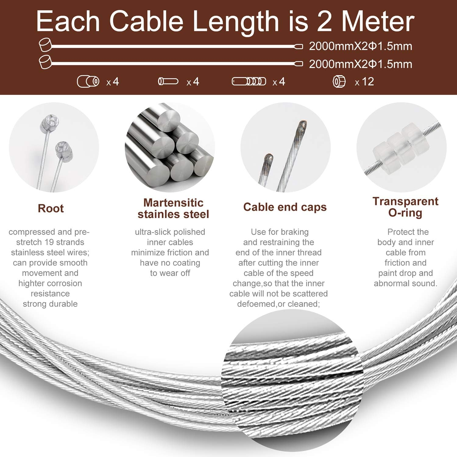 4PCS Premium Bike Brake Cable Set,Universal Standard Bicycle Brake Cable, Professional Bicycle Brake Line for Front and Rear Mountain MTB or Road Bikes,Include Free Cable Cap End Crimps Accessories 2M image number 6