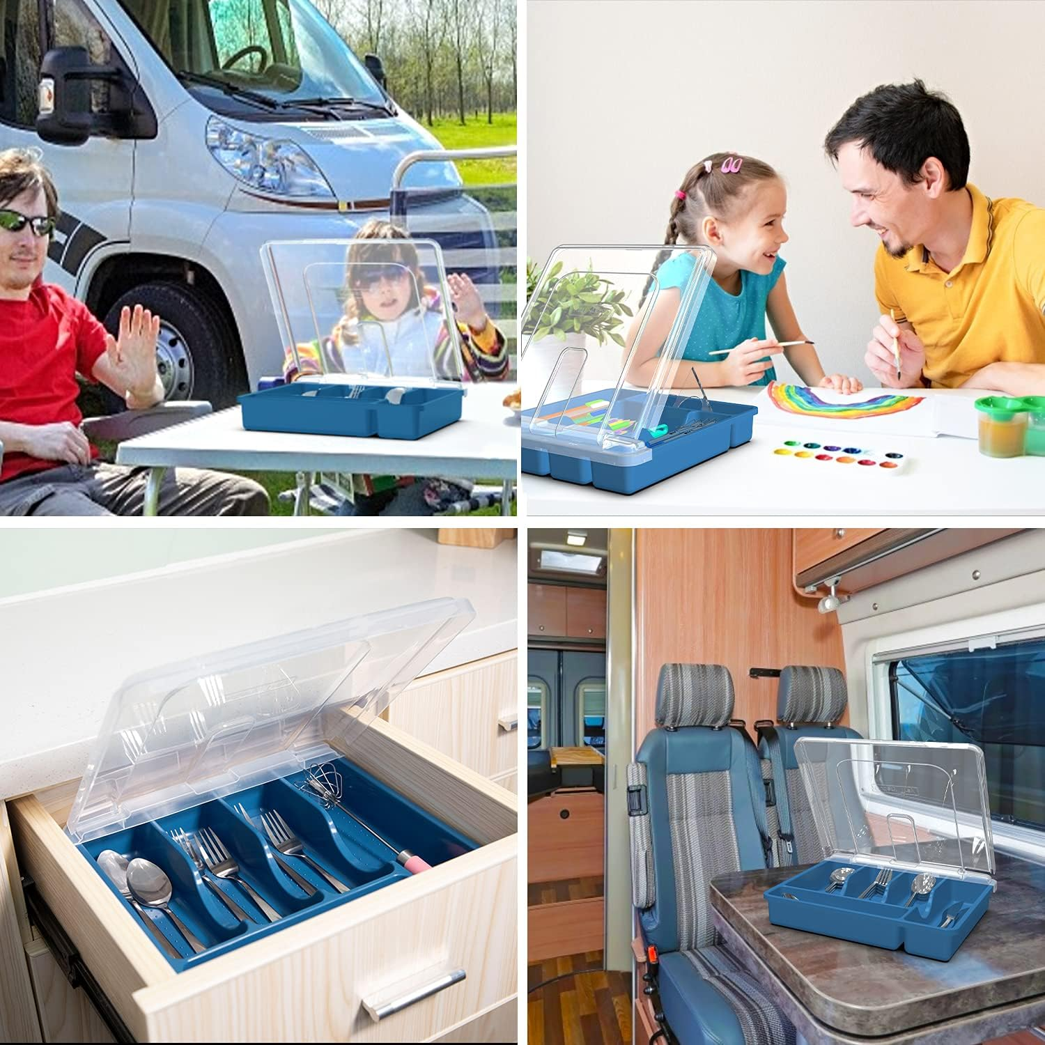 QINOL Silverware Tray with Lid, Utensil Holder for Kitchen Counter Plastic Flatware Organizers and Storage Holder 5 Compartments Blue