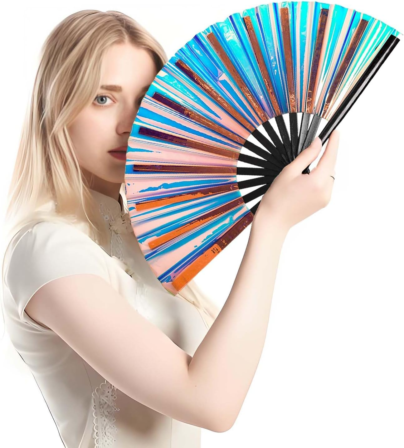 Large Clack Hand Rave Fan Holographic Folding Popping Line Dance Fan Foldable Handheld Clacking Fans for Line Dancing Craft Laser Rave Accessories for Festival Rainbow Outfits Party Club(Light Blue) image number 4