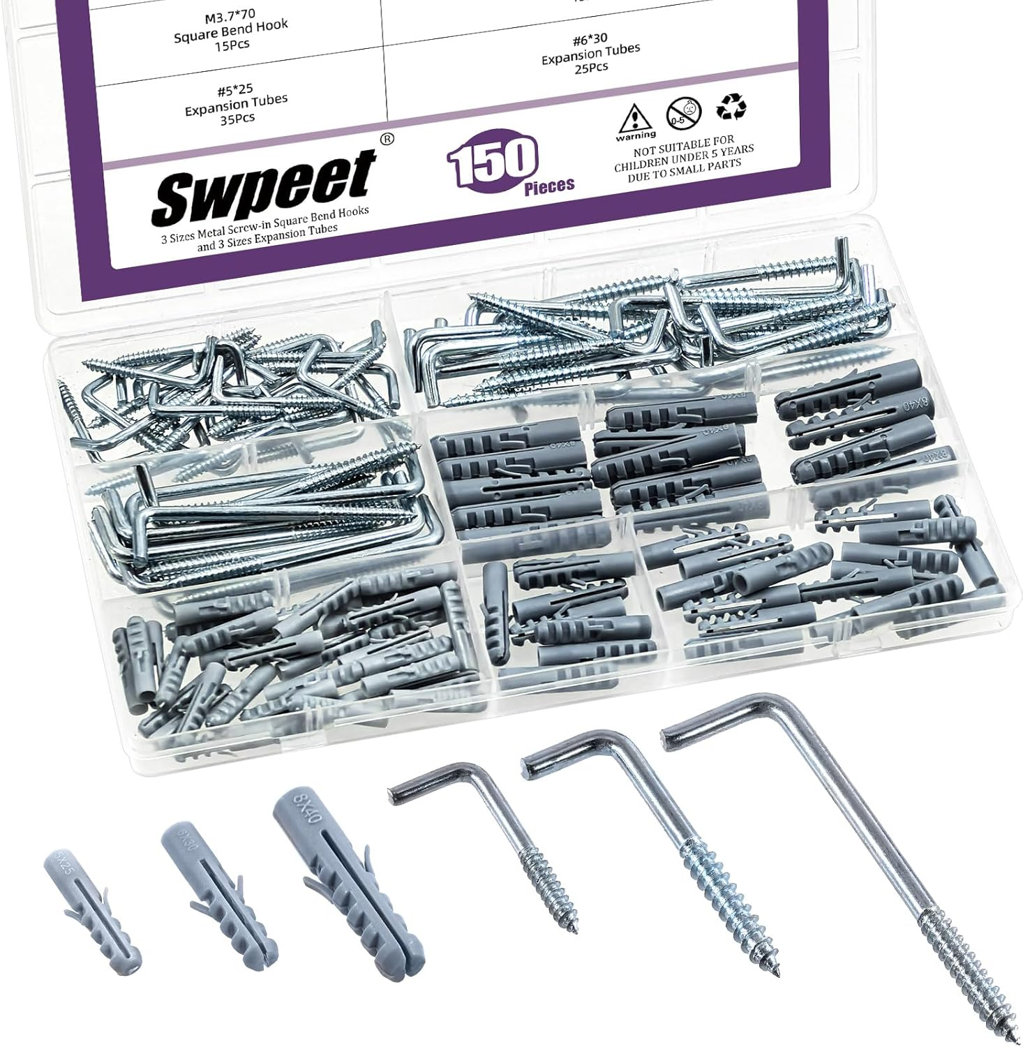 Swpeet 150Pcs 3 Sizes Blue White Metal Screw-In Square Bend Hooks with Expansion Tubes Anchors Assortment Kit, L Shaped Self-Tapping Screws Hooks L Type Photo Frame Right Angle Hook for Wall Hanging image number 6