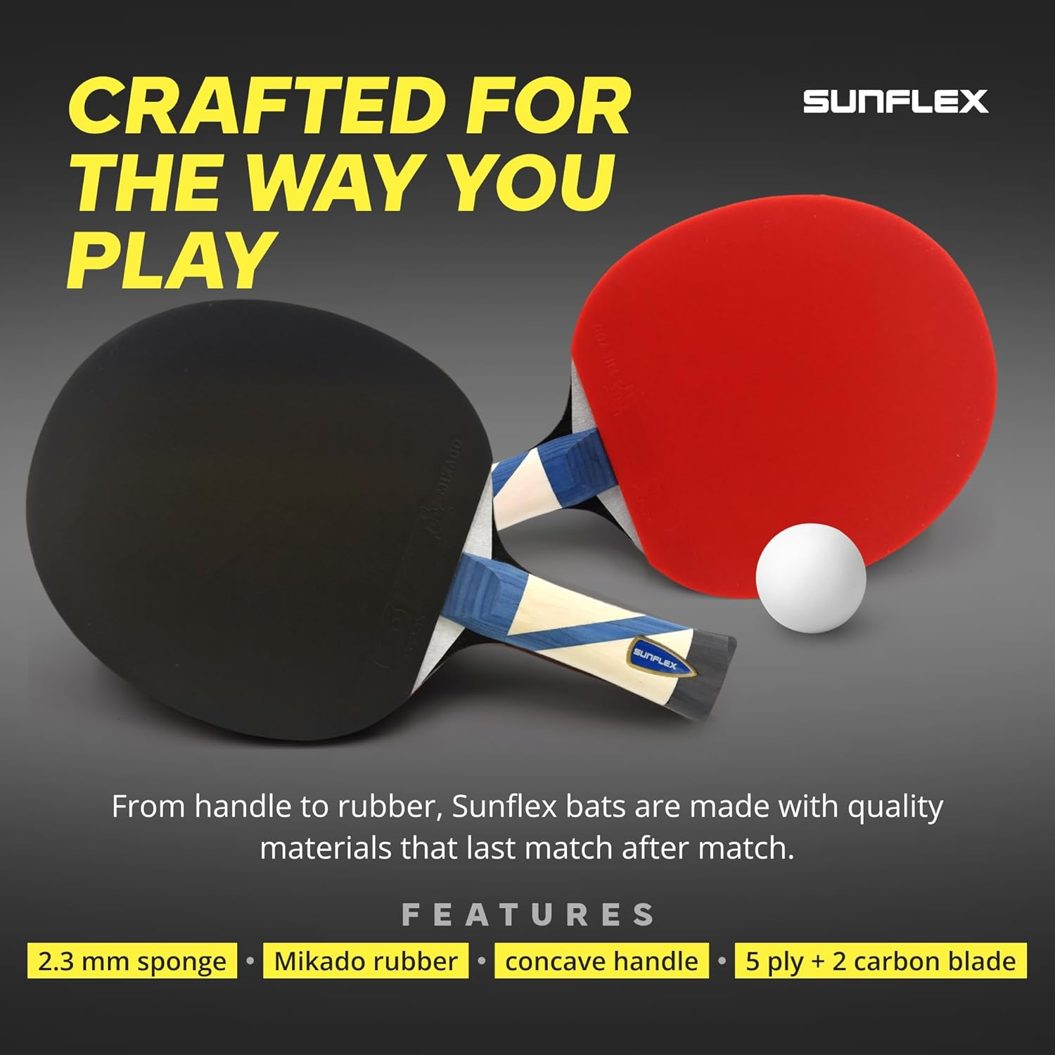 SUNFLEX Xcite C45 Carbotec Table Tennis Bat, Competition Level Bat, with Carbon Power Blade & Foam Core Grip for Precision Control, ITTF Approved Mikado Rubber & 2.3Mm Sponge image number 3