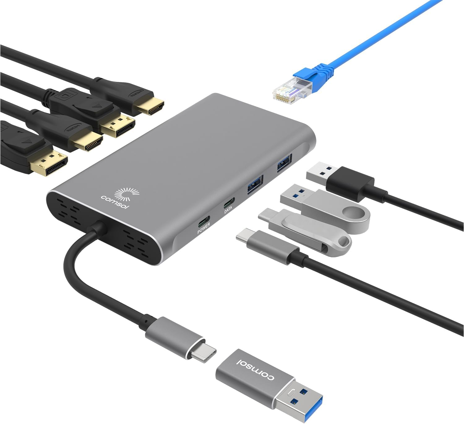 Comsol USB-C Multi-Port Adapter, Dual 4K Hdmi/Displayport Output, RJ45 LAN, USB 3.0 Ports, Universal Compatibility image number 1
