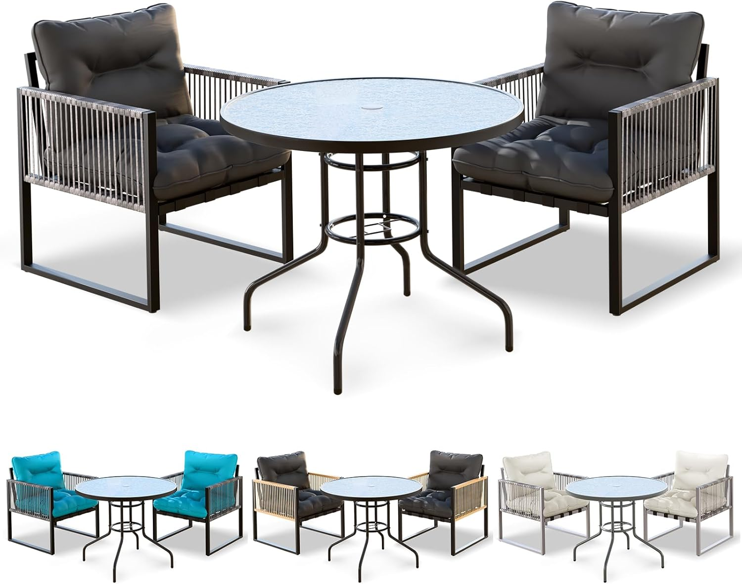 ALFORDSON 3 PCS Outdoor Patio Bistro Set, Lounge Chair & Side Table, Water-Resistant Cushions,Outdoor Table and Chair Set, 2X Armchairs and Semicircle Dia.70Cm, 64Cm(H) Coffee Table, Dark Grey