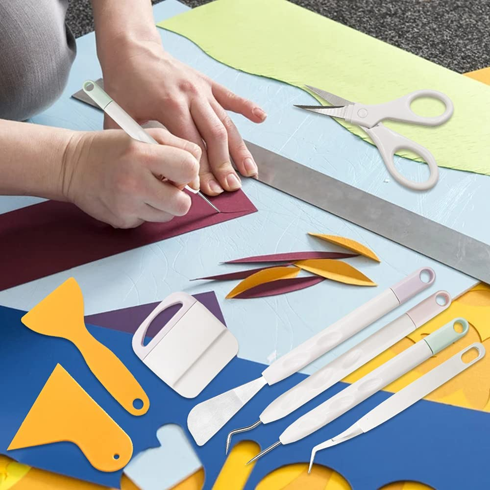 Weeding Tools for Vinyl, Finegood 8 PCS Weeding Tool Set Basic Craft Removal Kits Scissors Scraper Spatula Tweezers for Die Cut Cardstock Scrapbooking image number 2