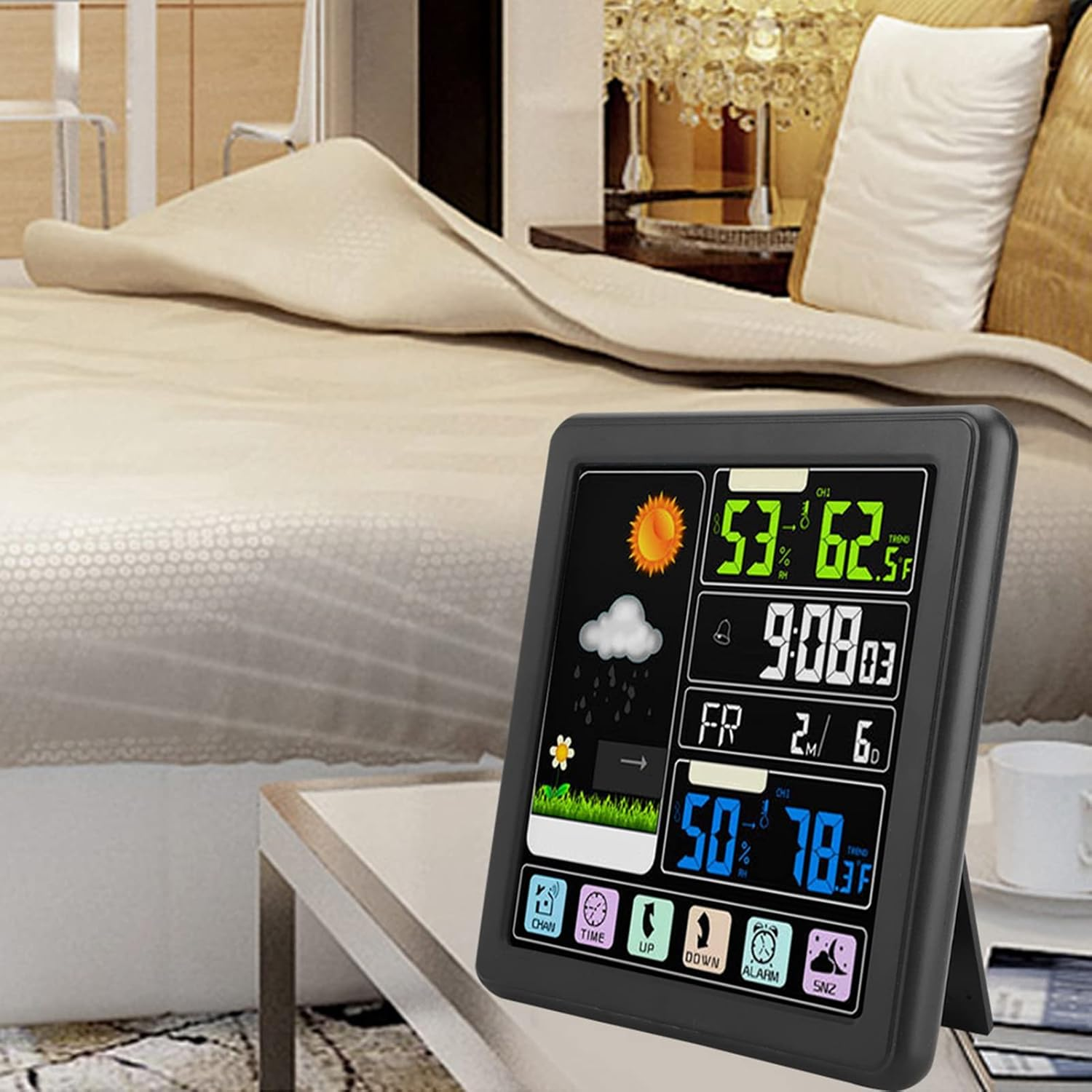 Wireless Weather Station with Alarm Clock, Digital Indoor Outdoor Thermometer Hygrometer Humidity Gauge with Weather Icons, Weather Forecast, Time Display (Black) image number 2