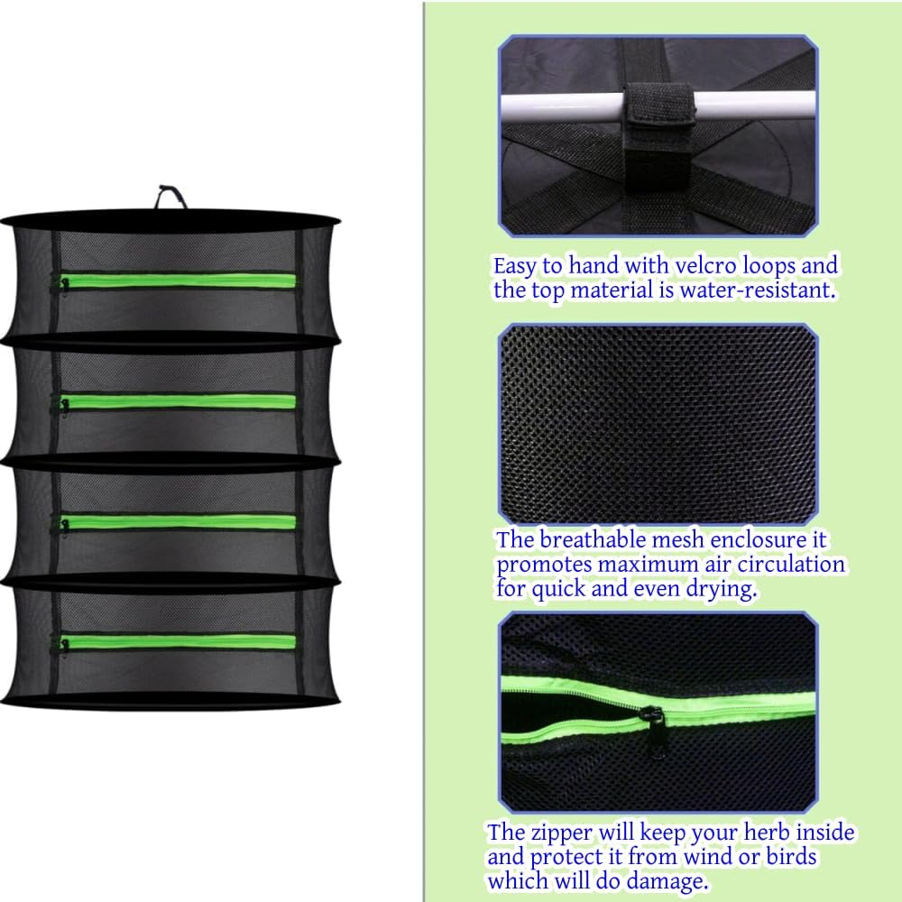 Herb Drying Rack Black Hanging Mesh Dryer Net Hydroponics Plants Flower Buds Weed Dry Rack with Zipper(Black 4-Layer) image number 3