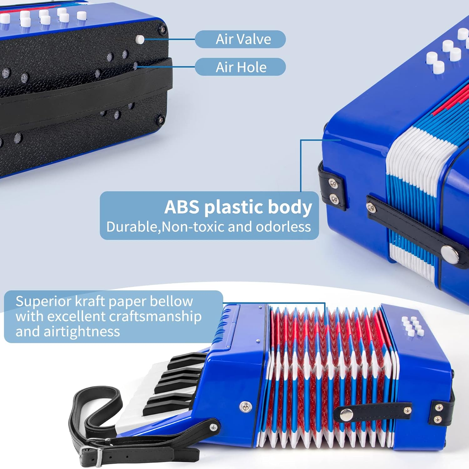 Accordion, 17 Keys Piano Accordion 8 Bass with Straps for Beginners Kids Student Educational Musical Instrument (Blue) image number 1