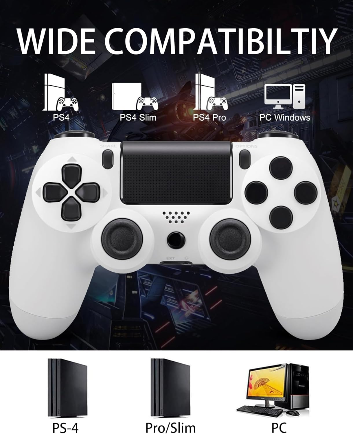 Wireless Controller for Ps-4,Compatible with P-S4/Pro/Slim/Pc Bluetooth Controller,Dual Vibration,Touch Panel, 3.5Mm Audio Jack,Six-Axis Joystick(White) image number 2