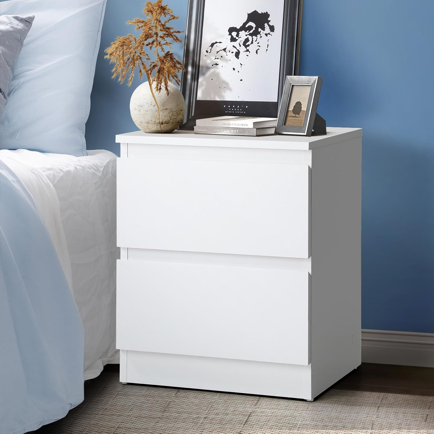 Oikiture White Bedside Table with 3 Drawers Bed Side Table