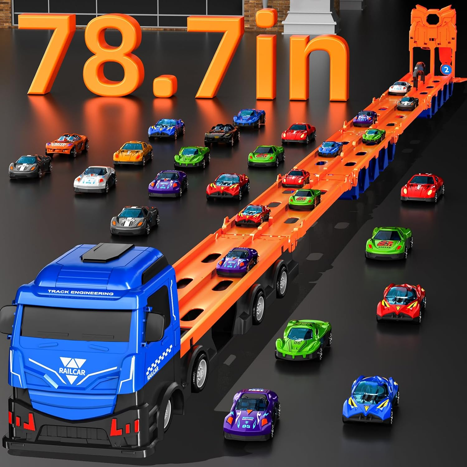 MSKOLER 78.7-Inch Race Cars Track Truck Toys for Boys 2 3 4 5 6 7 Years Old - Transport Carrier Trucks, Foldable Track Storage, Die-Cast Cars, for Toddlers & Kids Aged 3-5 - Red Truck Toy image number 2