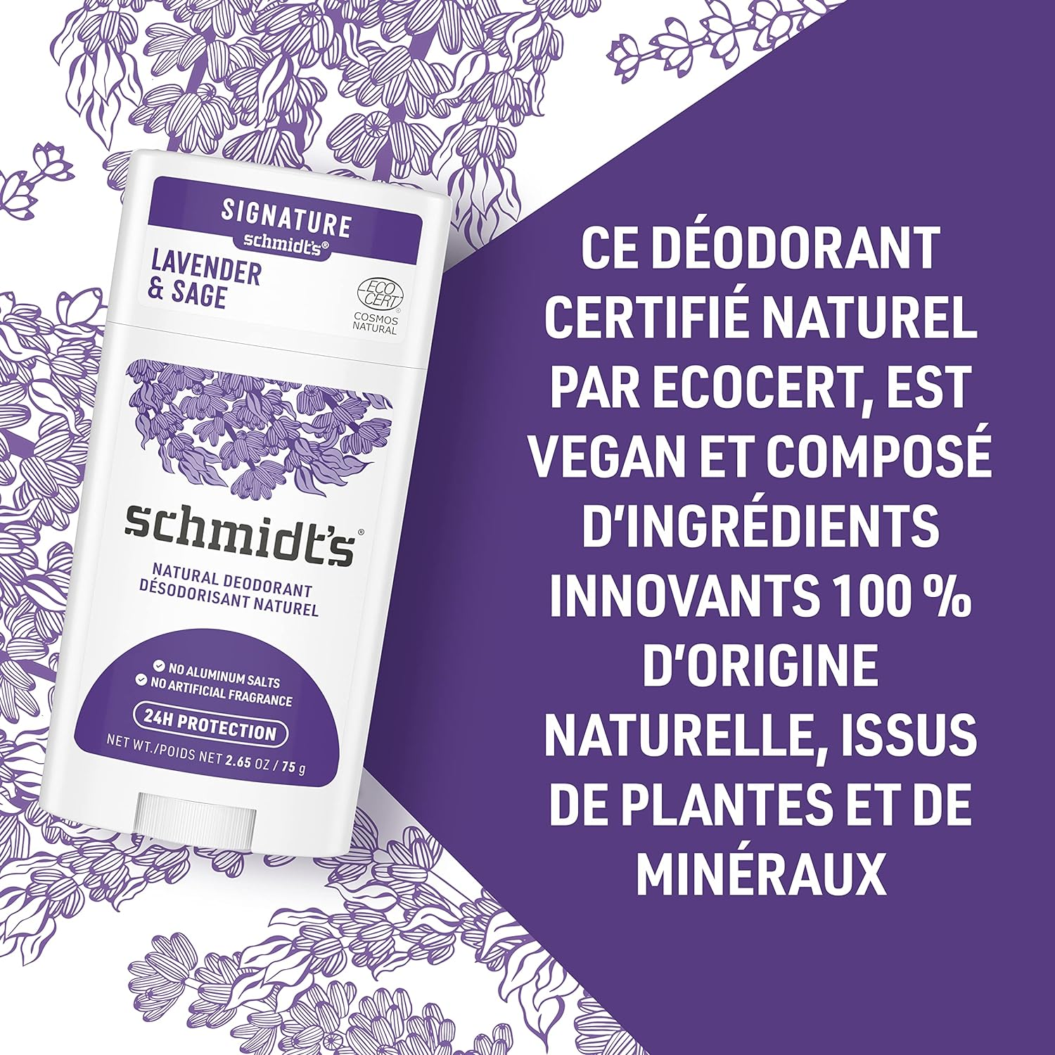 Schmidt'S Natural Deodorant Stick Lavender & Sage Deodorant without Aluminium for Long-Lasting Freshness 75 G 1 Piece image number 1