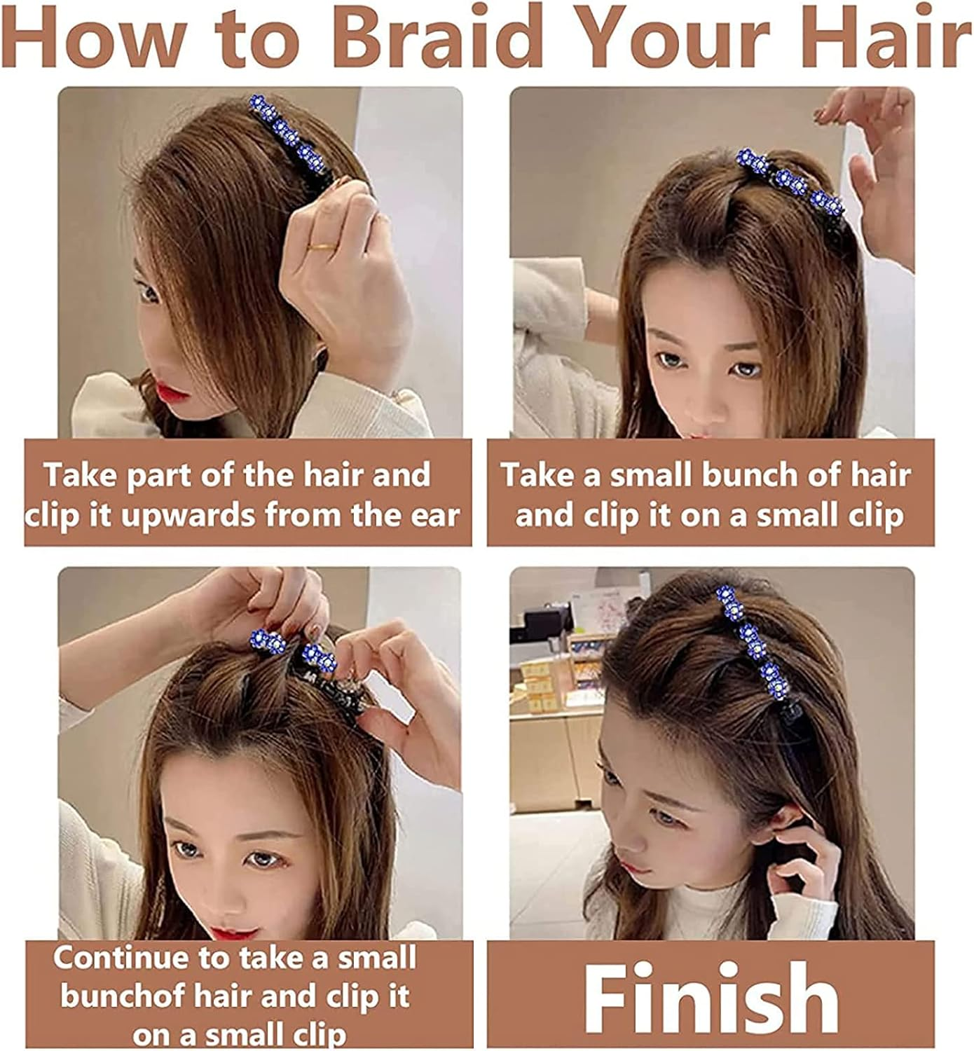 Hummingbird Hair Clip with Crystal Flower, Rhinestone Hair Clip, Four-Leaf Hairpin Duck Beak Clip, Hair Accessories for Women, Pack of 8 Braided Hair Clips, Fashionable Double Layer Mini Hair Clips image number 5