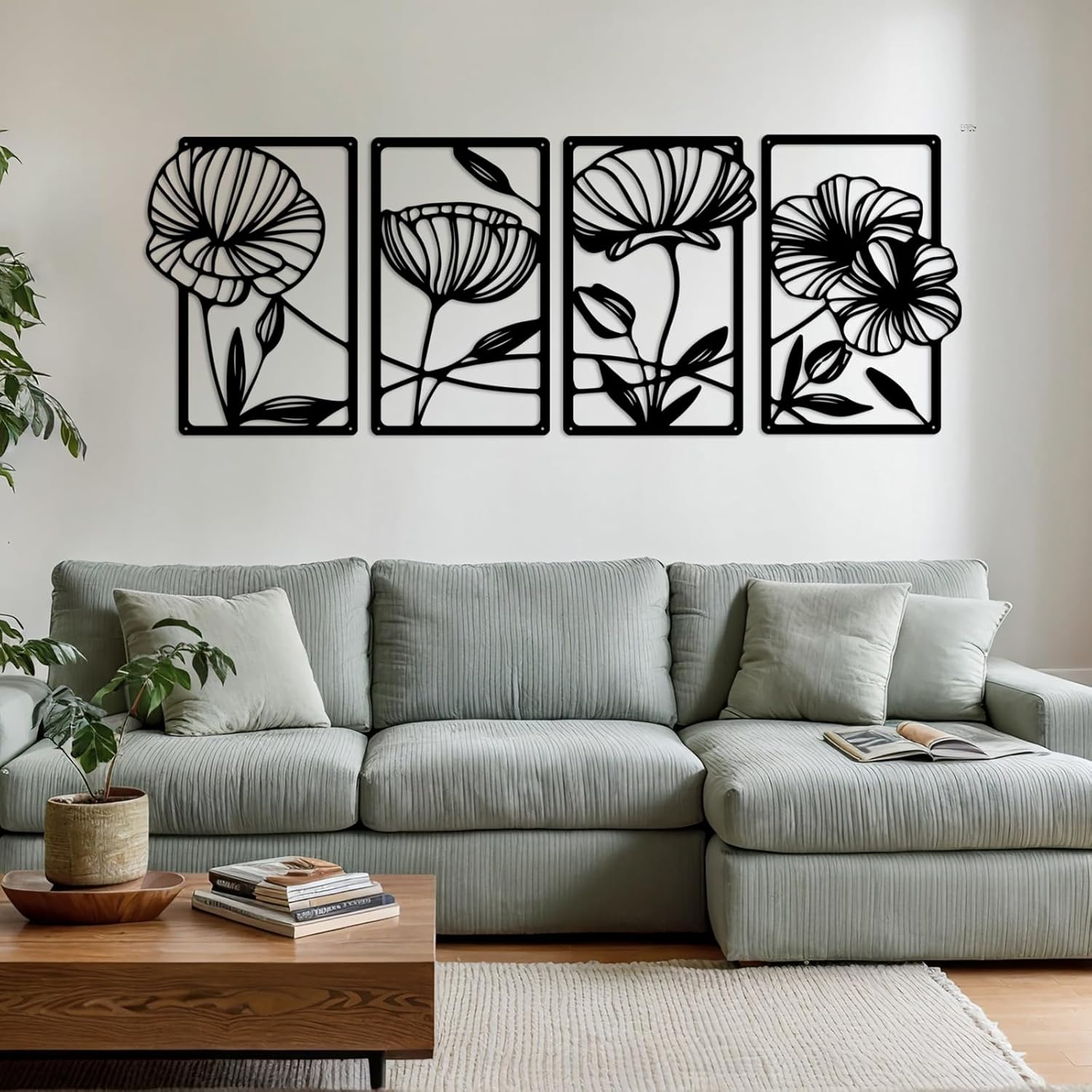 Ouqiesli 4 Pack Black Metal Flower Wall Art, Minimalist Home Decor 40 * 24Cm Set image number 2