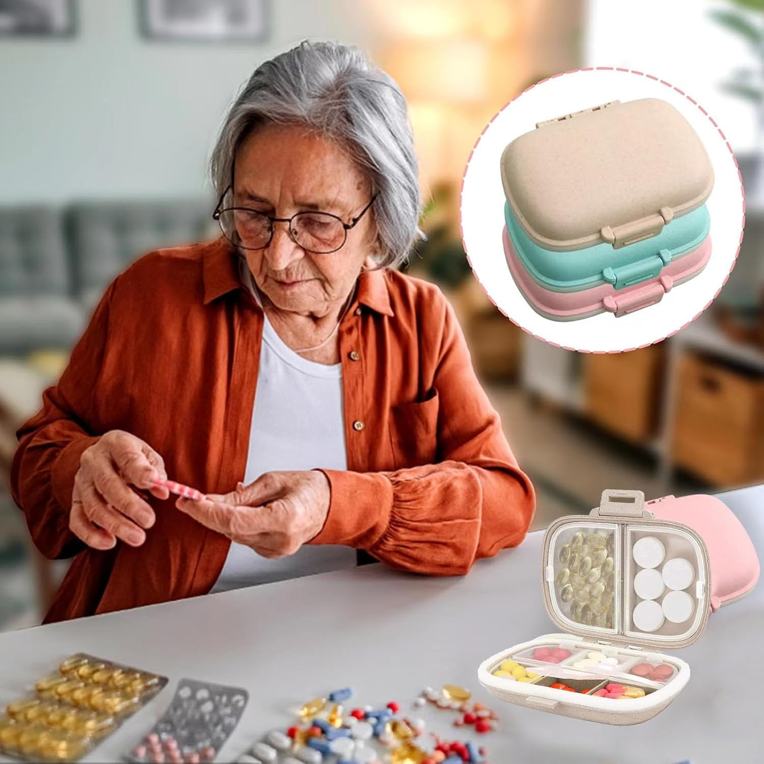 3 Pack Travel Pill Organizer, Daily Pill Organizer Travel, 8 Compartments Portable Pill Case, Compact Medicine Containers(Blue, White，Pink) image number 5