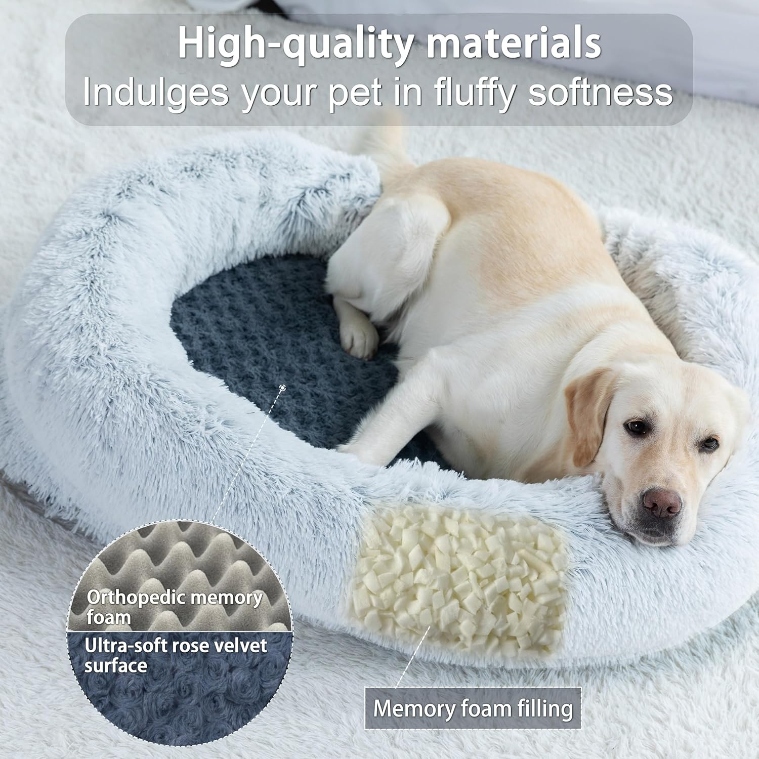 Best Baisite Size XL Medium and Large Orthopedic Dog Bed, Soothing Donut Shaped Pet Bed, Washable and Removable Bed Cover Non-Slip Bottom, 105X75X25Cm Gray
