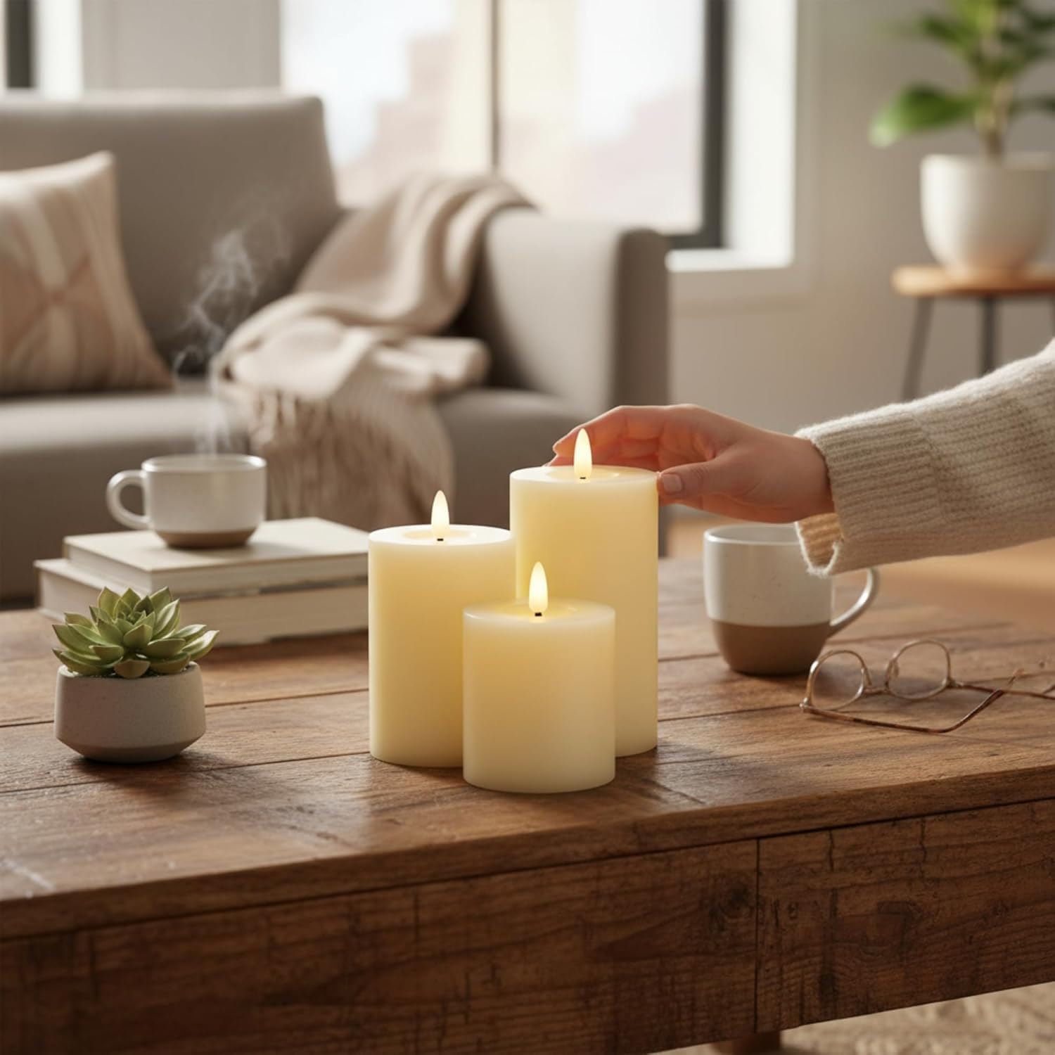 MIJOMA LED Candles Set of 3 Real Wax with Flame Effect - Warm White Light, Battery Operated Diameter 7 Cm, Heights 10/13/15 Cm - Safe Decorative Candles for Cosy Atmosphere Indoor