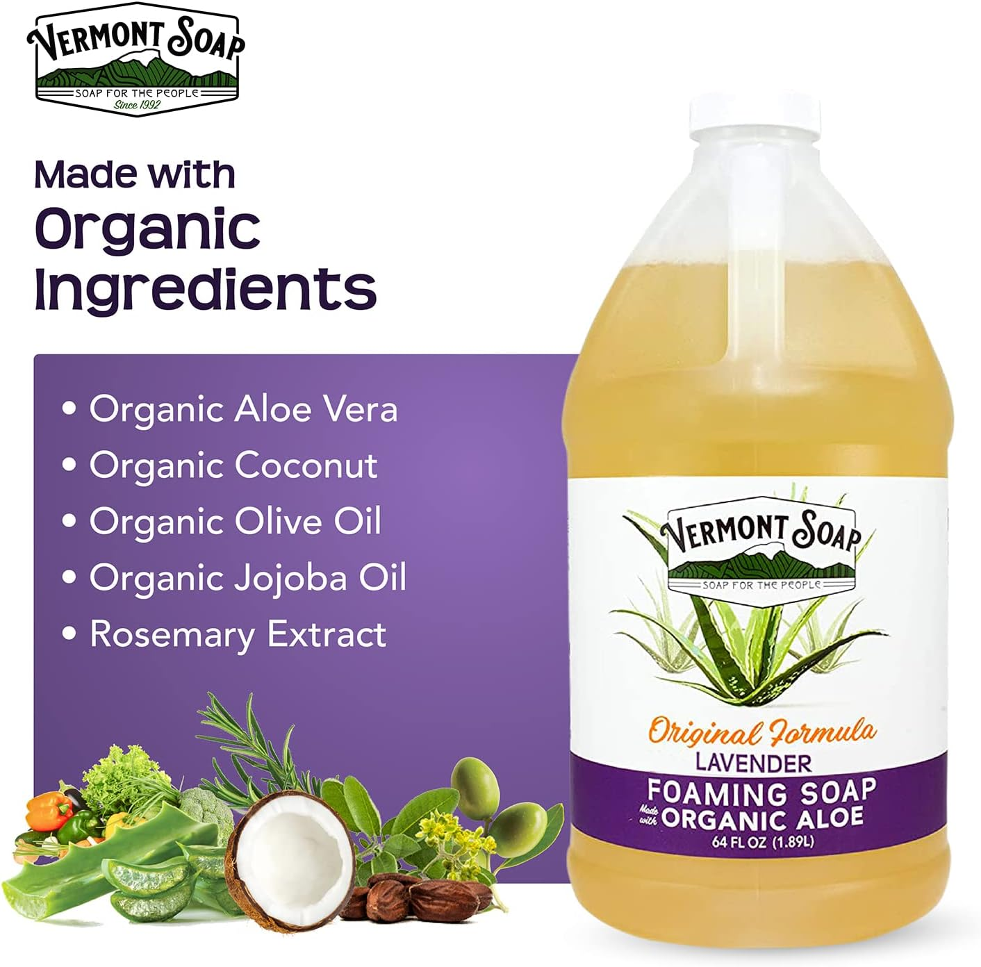 Vermont Soap Organic Lavender Foaming Hand Soap - Natural Moisturizing Soap for Dry Skin - Fragrance Free Liquid Bathroom Hand Soap Dispenser - Lavender- 64 Oz image number 4