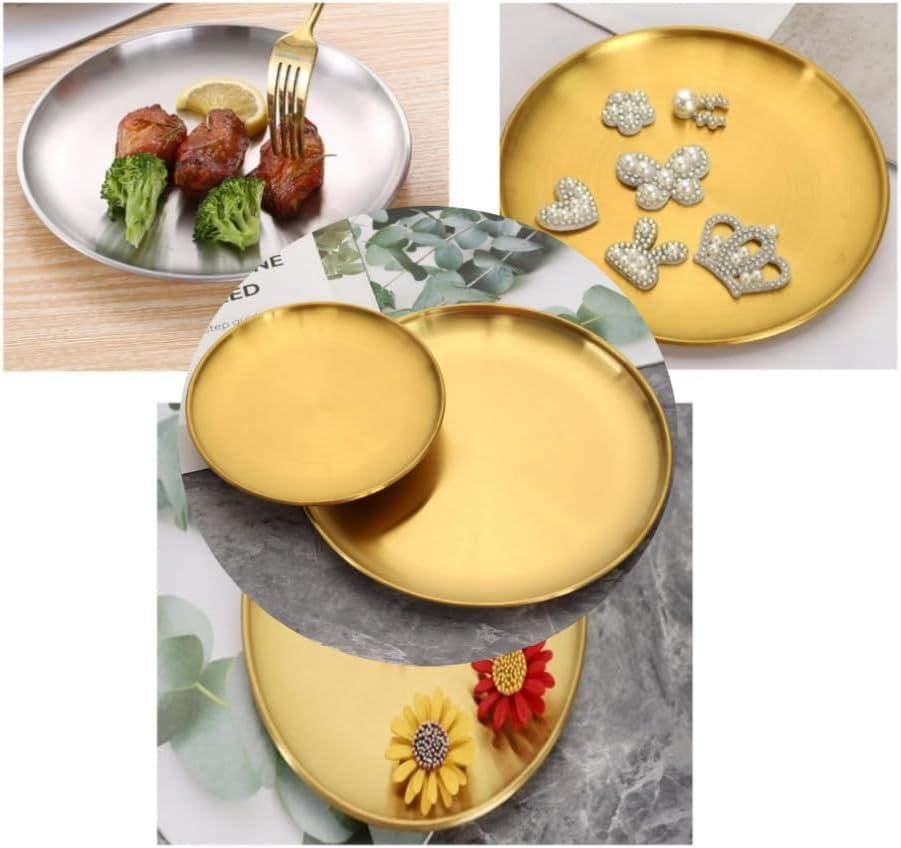 DACUAN Multi-Purpose Tray, Pack of 2 Gold Tray Round, Stainless Steel Golden Circular, Serving Tray for Living Rooms Bathrooms Hotels Restaurants image number 5
