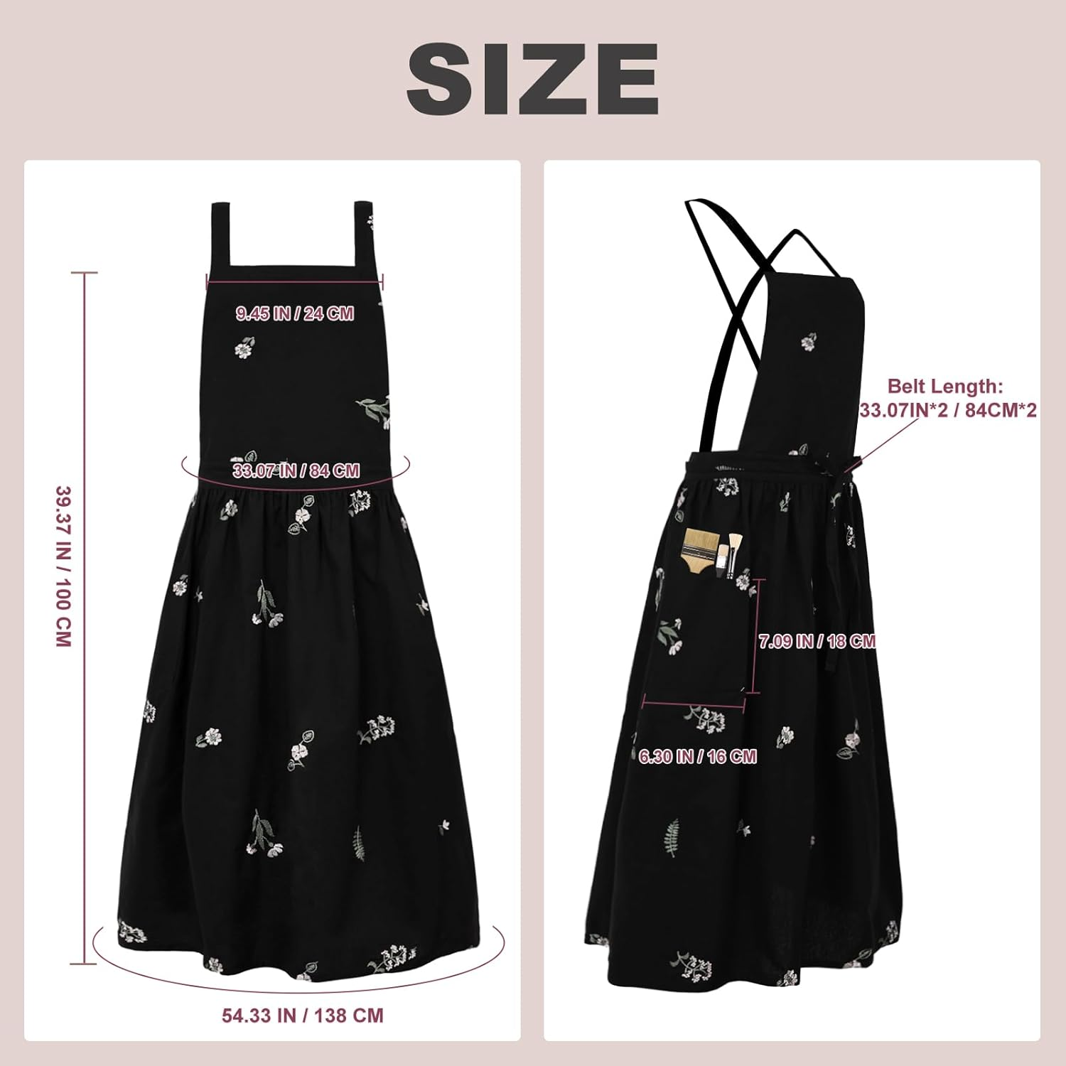Surblue Cross Back Aprons for Women with Pockets Cute Japanese Cotton Kitchen Aprons Waterproof Pinafore Dress for Painting Cleaning Cooking Gardening image number 1