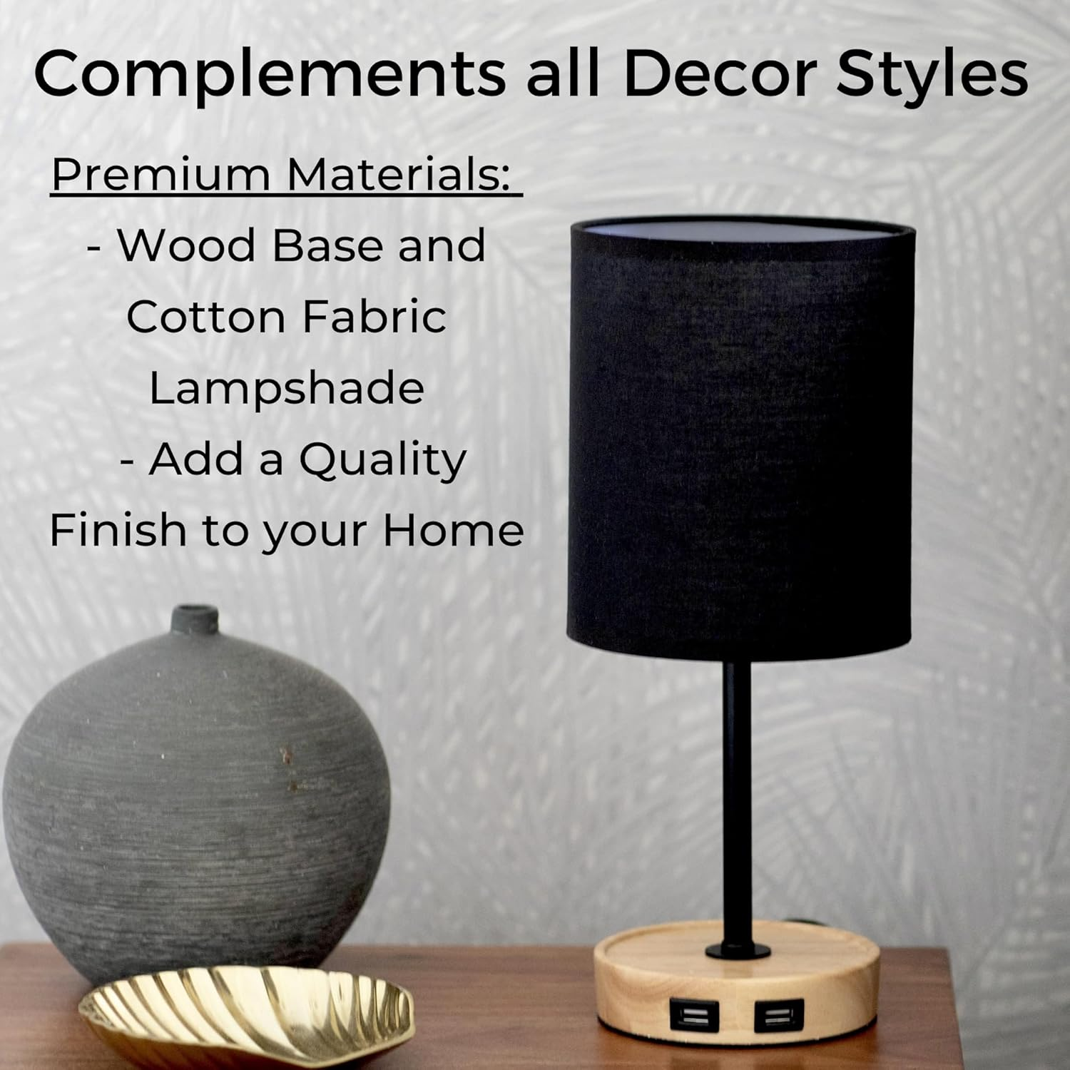 Bedside Lamp with 2 USB Ports and Touch Control. Modern Table Lamp, Desk Light. Wood Base and Fabric Shade for Living Room, Home Office, Bedroom, Hallway, Study and Kids Rooms (Black) image number 5