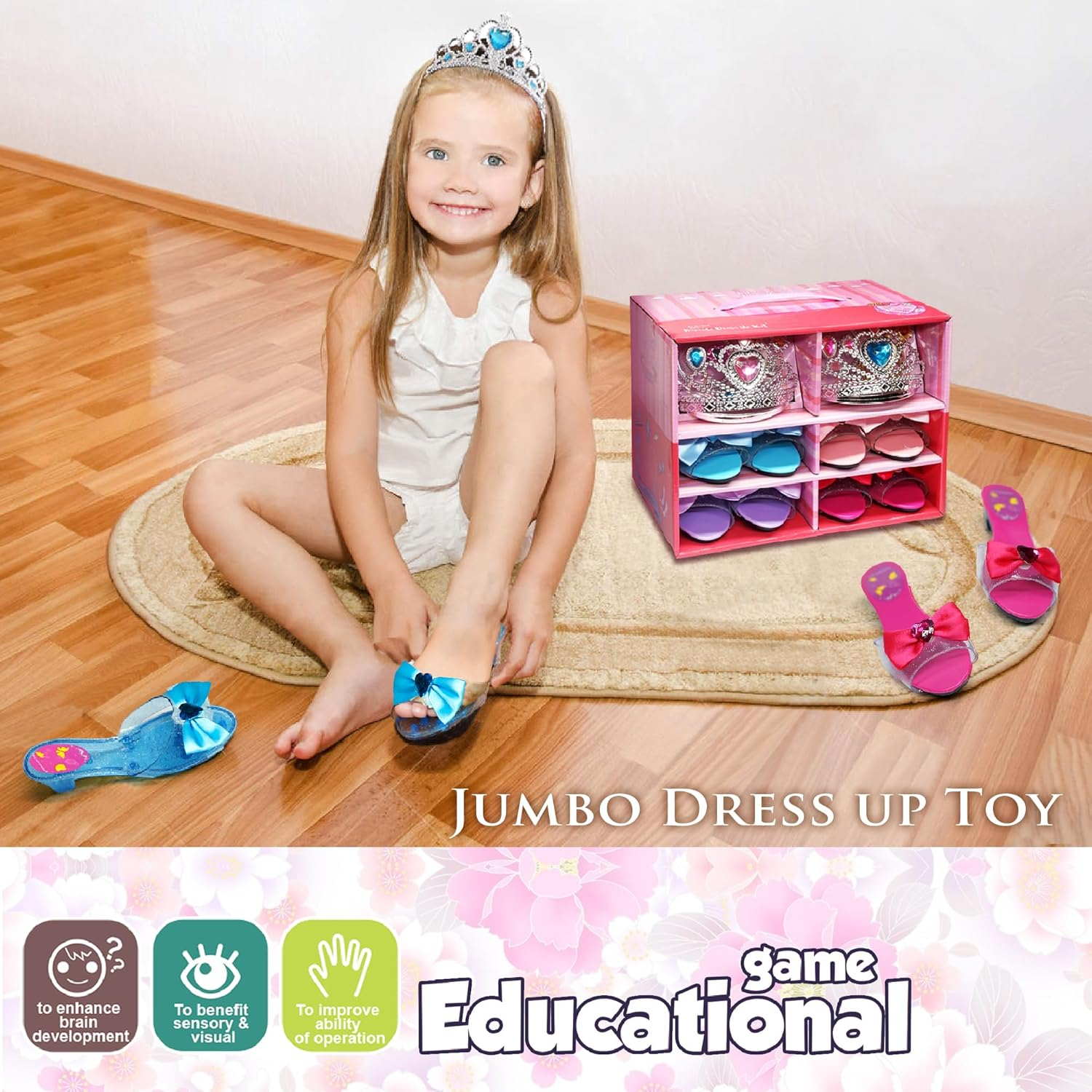 Princess Dress up Shoes - Toddler Play Heels Shoes & Pretend Jewelry Accessories Sets, Role Play Girls Toys with Princess Crown Wand Necklace Ring Bracelet for Little Girls Aged 3,4,5,6 Birthday Gifts image number 2