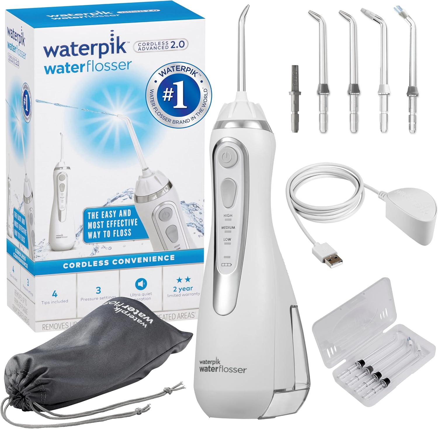 Waterpik Cordless Advanced Pro 2.0 Water Flosser - Ultra-Quiet, Waterproof & Rechargeable, 3 Pressure Settings, 360&deg; Tip Rotation, Ideal for Implants & Braces, 2-Year Warranty, White (WP-580A) image number 3
