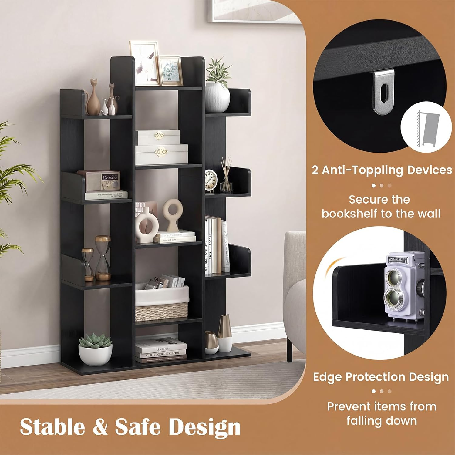 Giantex Tree Bookshelf, 141 Cm Tall Bookcase with 13 Open Shelves, Corner Books Storage Organizer, Freestanding Decorative Display Cube Shelf for Living Room, Study or Office - Black image number 6