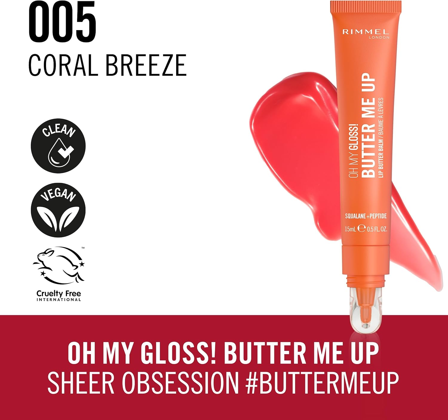 Rimmel London Oh My Gloss Butter Me up Lip Butter Balm 006 Coral Breeze, Hydrating Lip Balm, Tinted Lip Balm, Lip Care, Hydration, Nourishing, Squalene, 15Ml (0.53Oz) image number 5