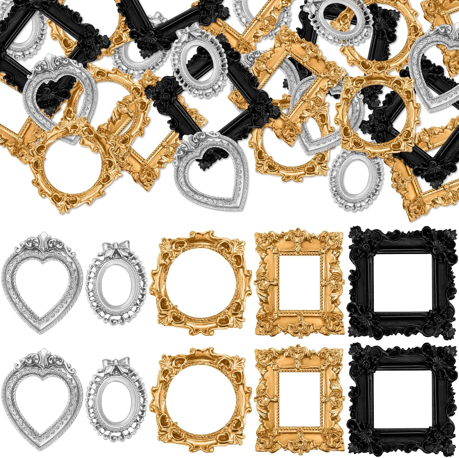 Vicenpal 25 Pcs Vintage Resin Picture Frame Antique Photo Resin Frame Mini Resin Jewelry Display Frame Photography Photo Frame DIY Small Photo Frame for Photo Home Decoration (Black,Gold,Silver)