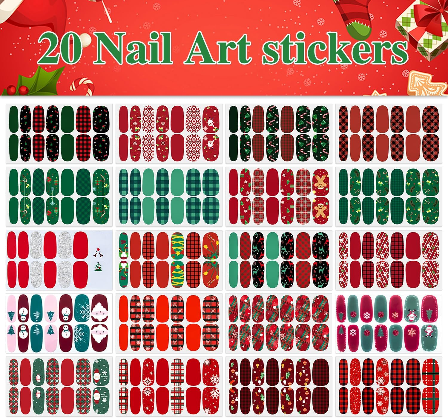 WOKOTO 20 Sheets Christmas Nail Polish Strips Full Nail Wraps for Women Girls Nail Art Stickers Gel Polish Strips Nail Design Stickers Full Nail Stickers for Nails Christmas Holiday Gel Nail Strips image number 3