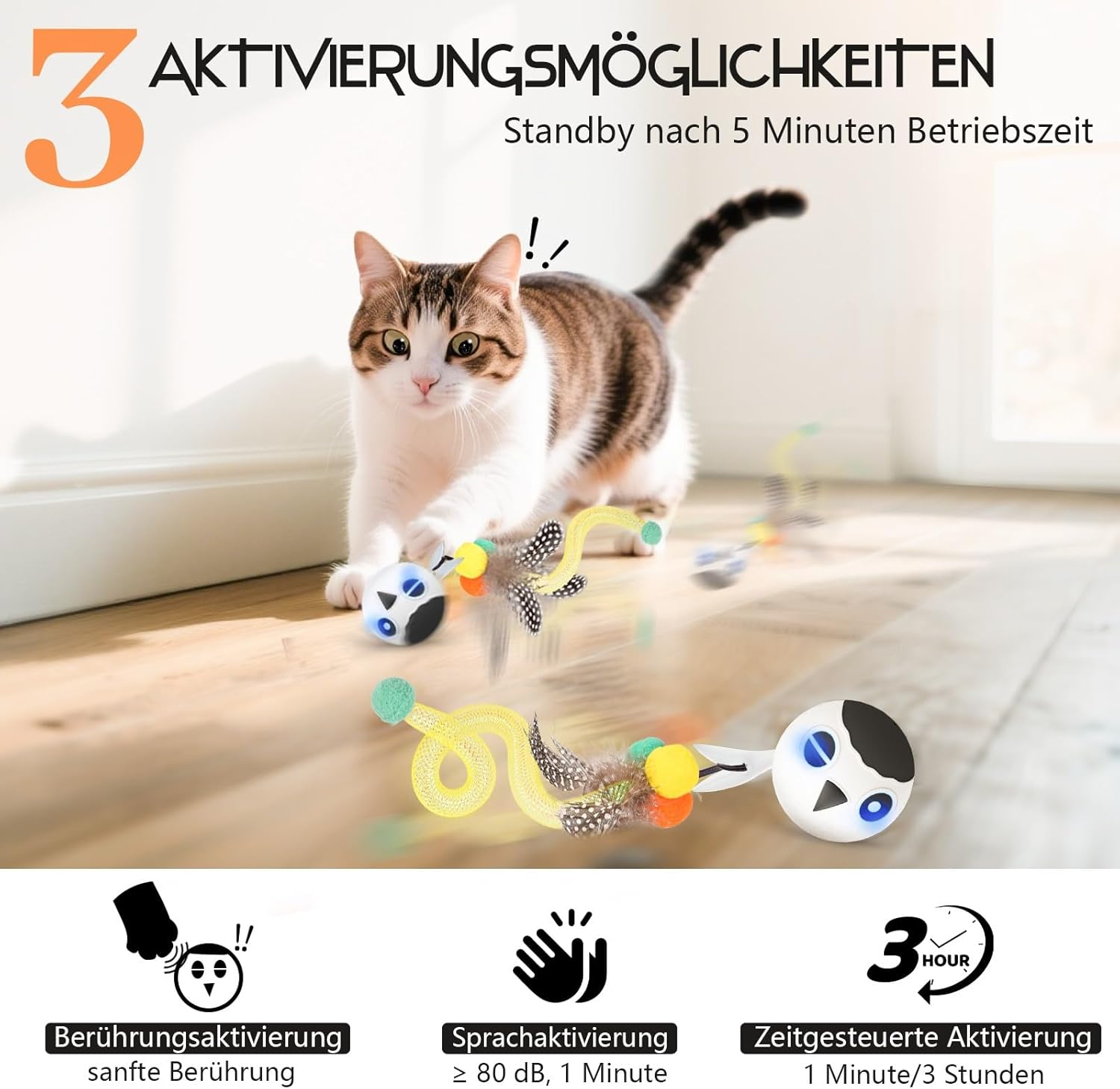 Zeepet Interactive Cat Toy for Adults, House Cats and Kittens, Automatic Moving Bird Ball with 2 Feather Tails, Touch Activation, Multiple Chirping Tones (White) image number 4