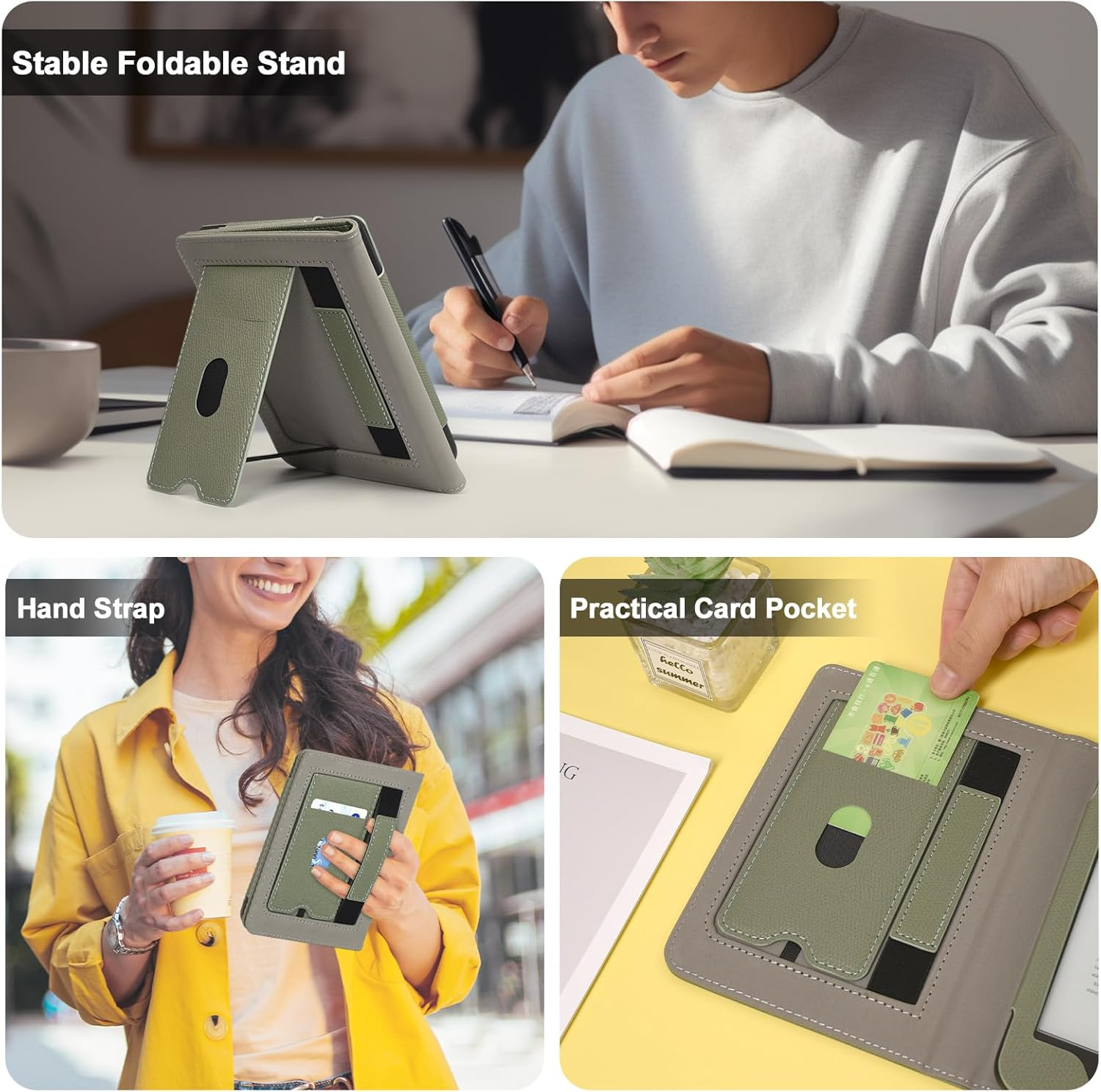 Caweet Case for Kindle Paperwhite 12Th Generation and Kindle Colorsoft Signature Edition 7 Inch 2024 Release, Premium PU Leather Foldable Stand Protective Cover with Card Slot and Hand Strap, Green image number 6