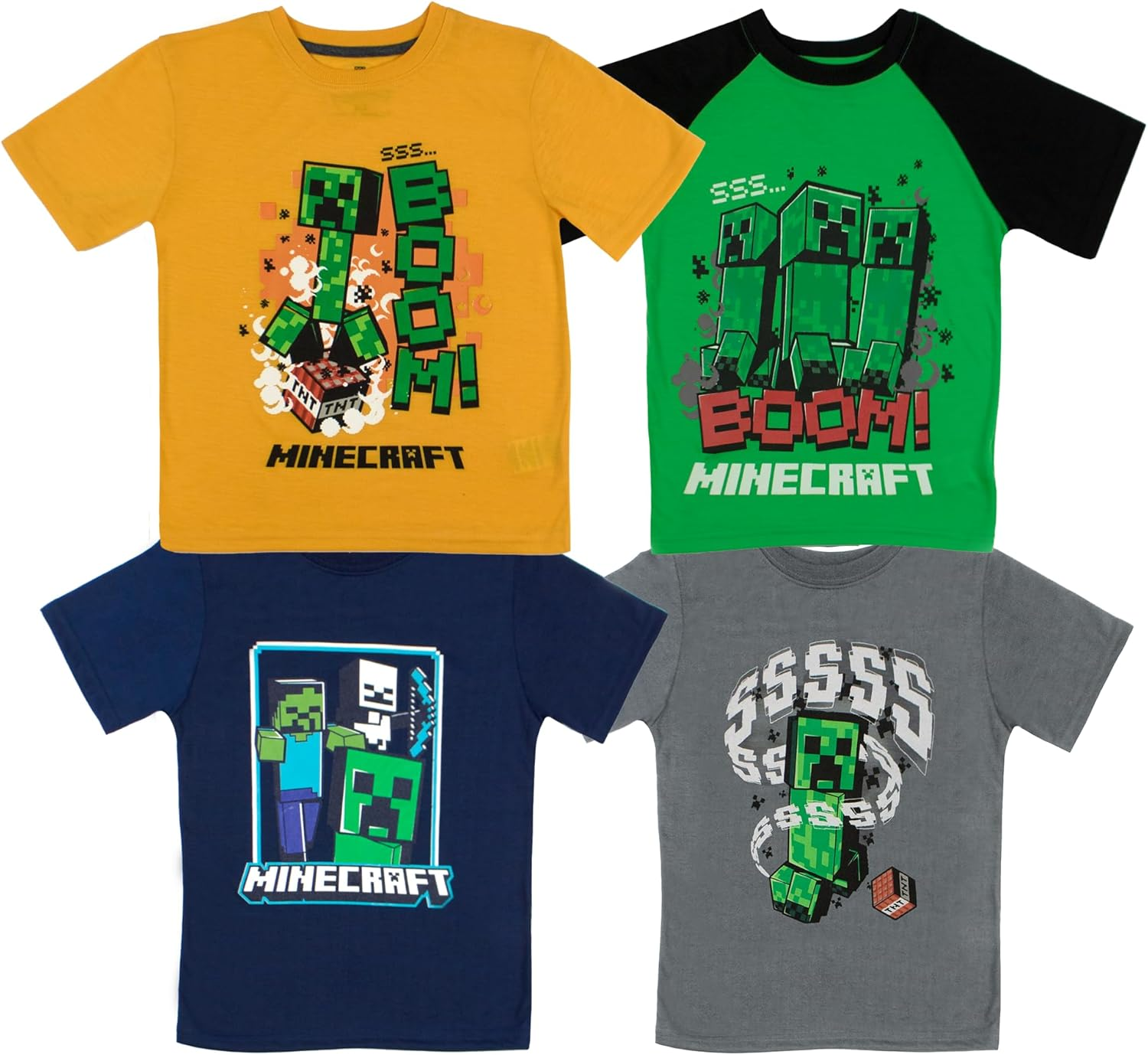 Minecraft Creeper 4 Pack T-Shirt Bundle Set, Shirts for Boys 4-Pack Set