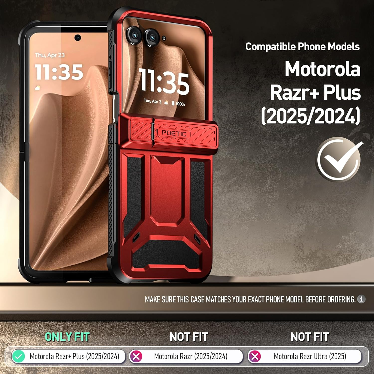 Poetic Spartan Case for Motorola Moto Razr + plus 2024/Moto Razr+ plus 2025, [Kickstand][Hinge Protection], Full-Body Rugged Shockproof Protective Cover with Kickstand, Metallic Red - Metallic Gun Metal image number 2