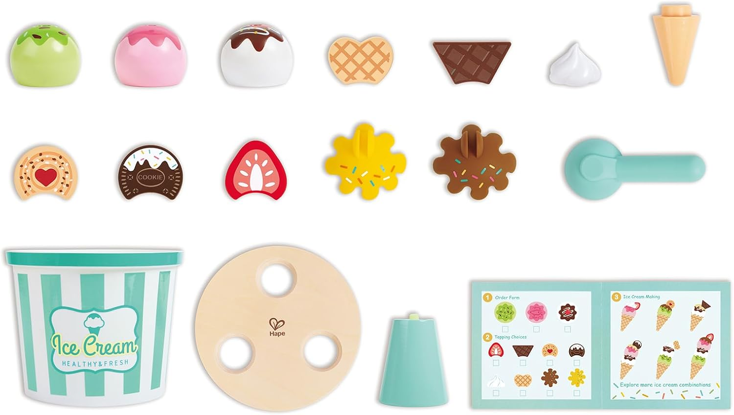 Hape Scoop & Serve Ice Cream Set &ndash; Interactive Wooden Toy for Pretend Play &ndash; Realistic Ice Cream Playset with Rotating Display & Endless Topping Combinations for Kids image number 5