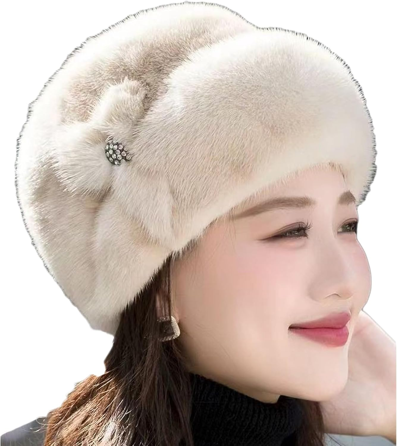 AWOCAN Women Faux Fur Hat Winter Warm Hat Solid Color French Beanie Cap Comfort Lightweight
