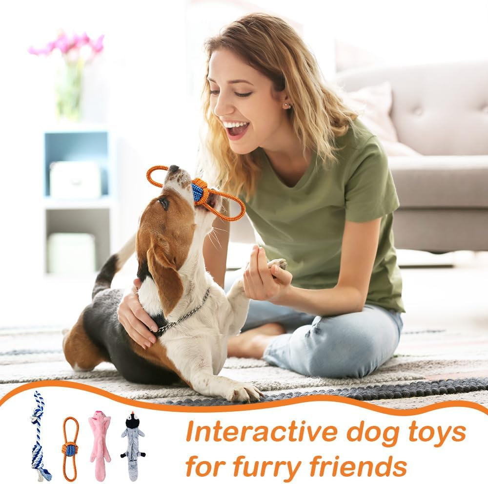 Interactive Squeaky Puppy Toys, Dog Chew Toys for Teething with Durable Rope Toys,4 Pcs Dog Chew Toys Plush Cute Animals Natural Puppy Toys image number 6