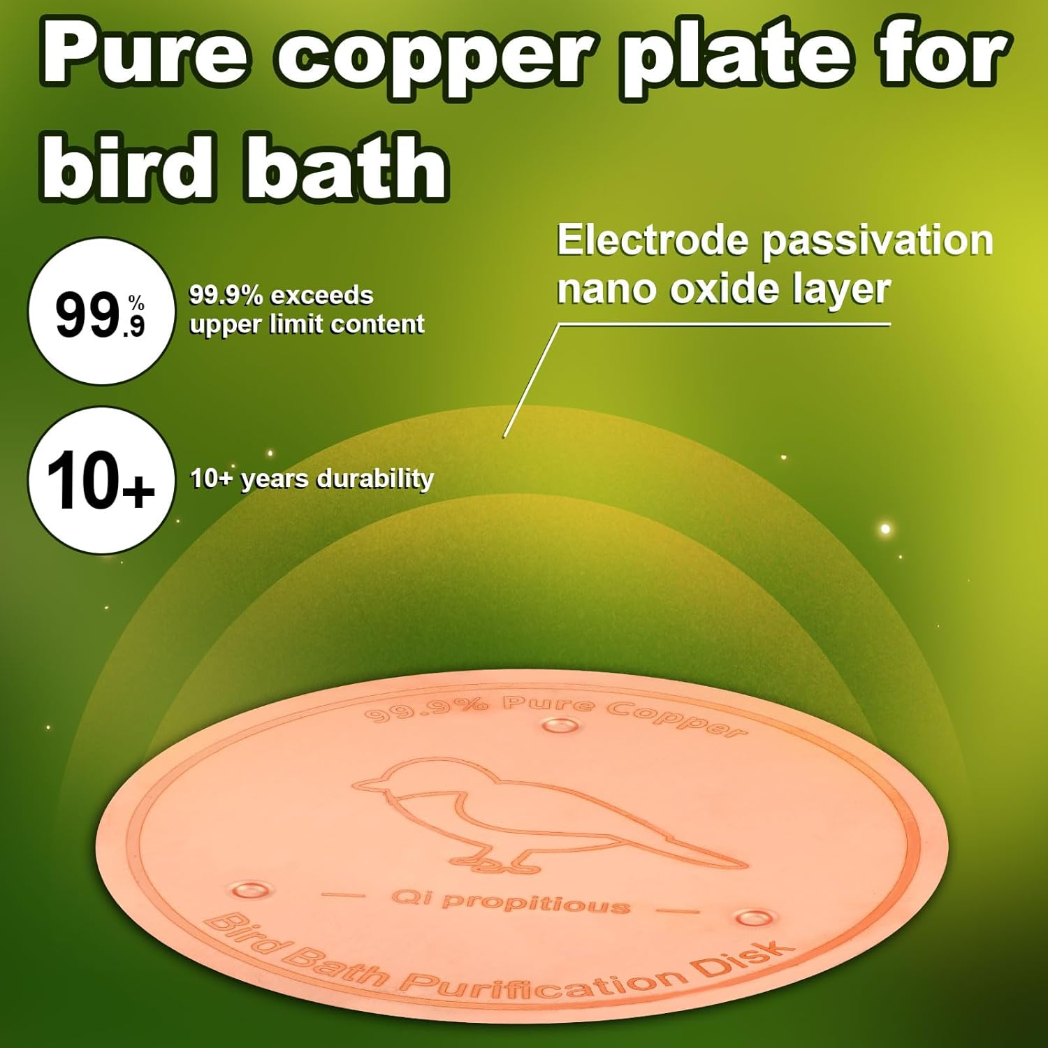 BOXOB Bird Bath Copper Disk, 4In Bird Bath Purification Disc with Triple-Point Support All-Season Safe Water Purifier for Outdoor Birdbaths & Bowls image number 5