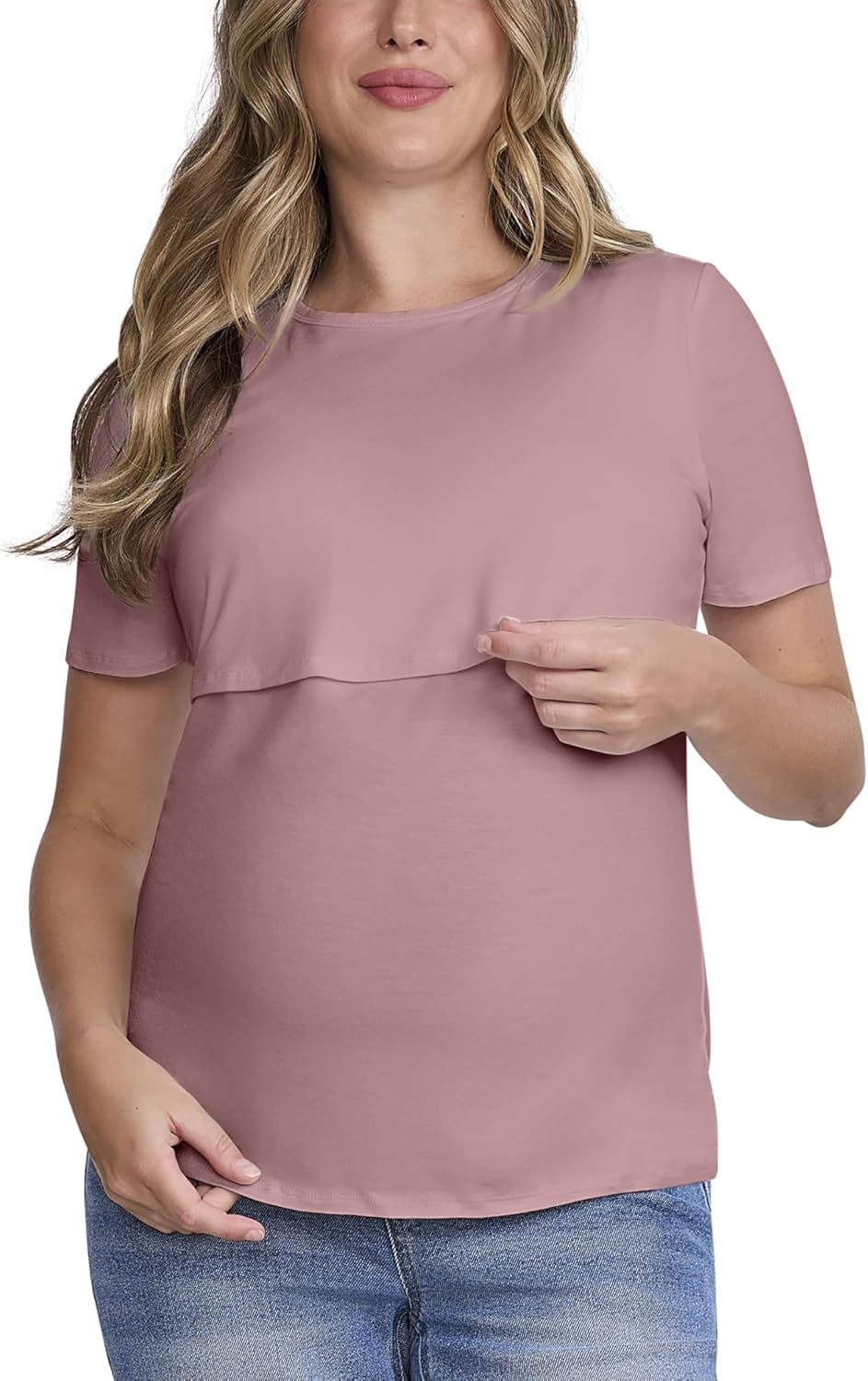 Motherhood Maternity Women'S Short Sleeve Crew Neck Nursing Tee Shirt for Breastfeeding with Easy Access image number 3
