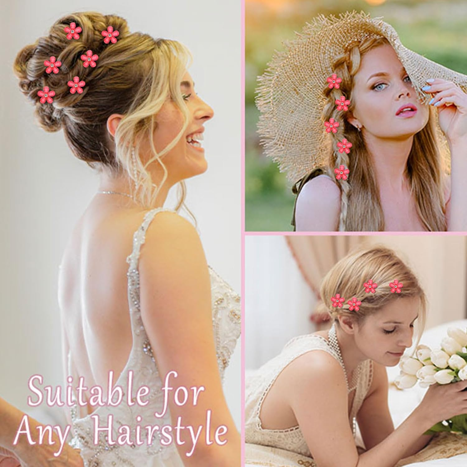 Mezrkuwr 10Pcs Red Mini Flower Hair Clips with Rhinestones, Cute Hair Clips, Flower Hair Pins, Decorative Hair Clips, Wedding Hair Clips, Flower Hair Accessories image number 2