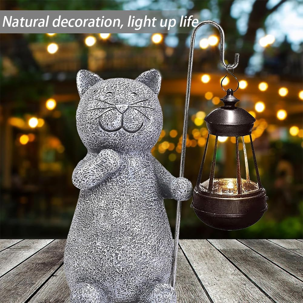 Cat Sculpture Figurine Light, Garden Lights Statue, Garden Ornaments Lantern Outdoor, 25.5 * 12 * 9.5Cm, Grey