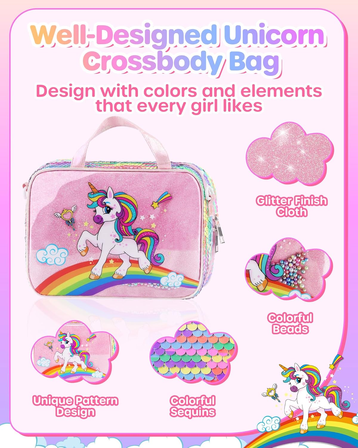 D-Fantix Unicorn Art Supplies Convertible Bag for Girls, 63Pcs Coloring Drawing Set for Kids with Fruit Scented Markers, Portable Travel Activity Kit, Birthday 4 5 6 7 8-12 Year Old Girls