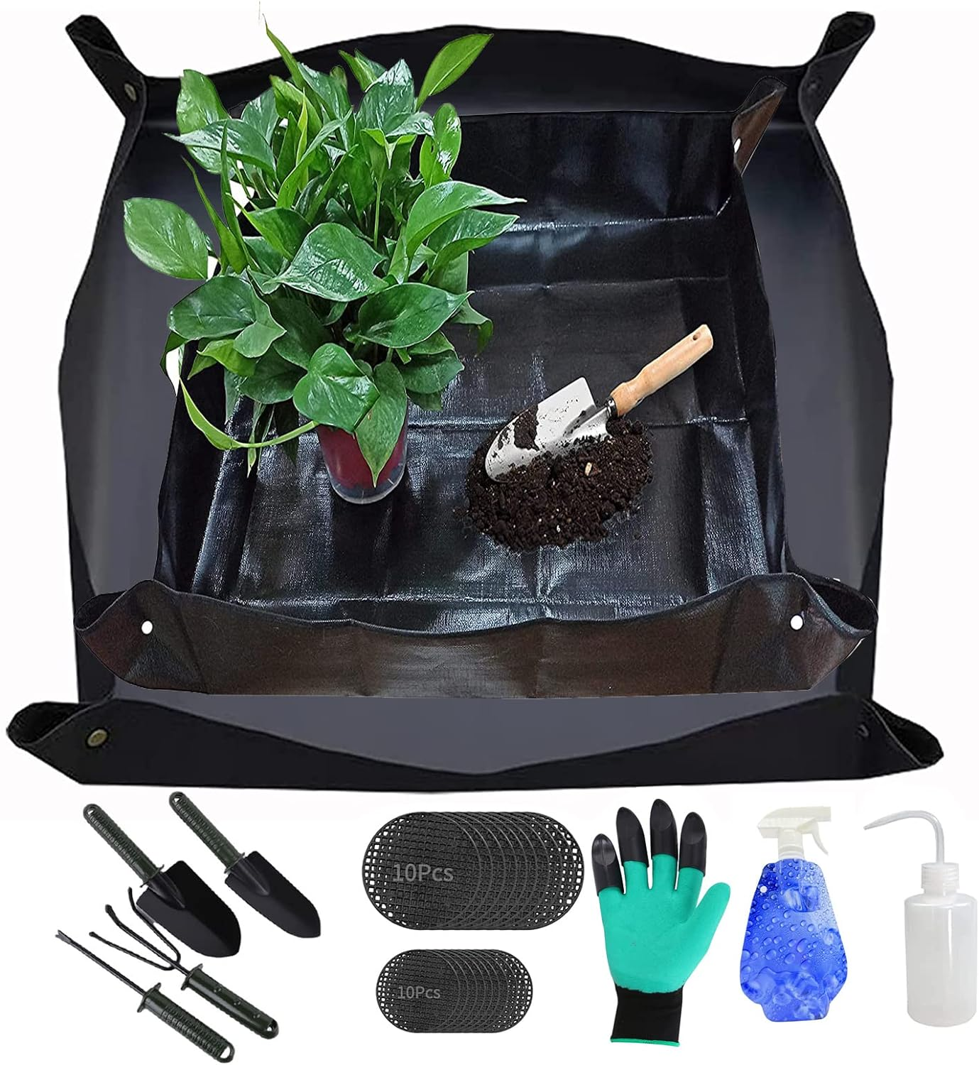 Plant Repotting Mat, Tidy Square Portable Indoor Gardening Mat, Foldable Plant Transplanting Waterproof Potting Tarp Mat with 20 Pieces Pot Hole Mesh Pads Gardening Tool Set (100X100Cm；68 * 68Cm)