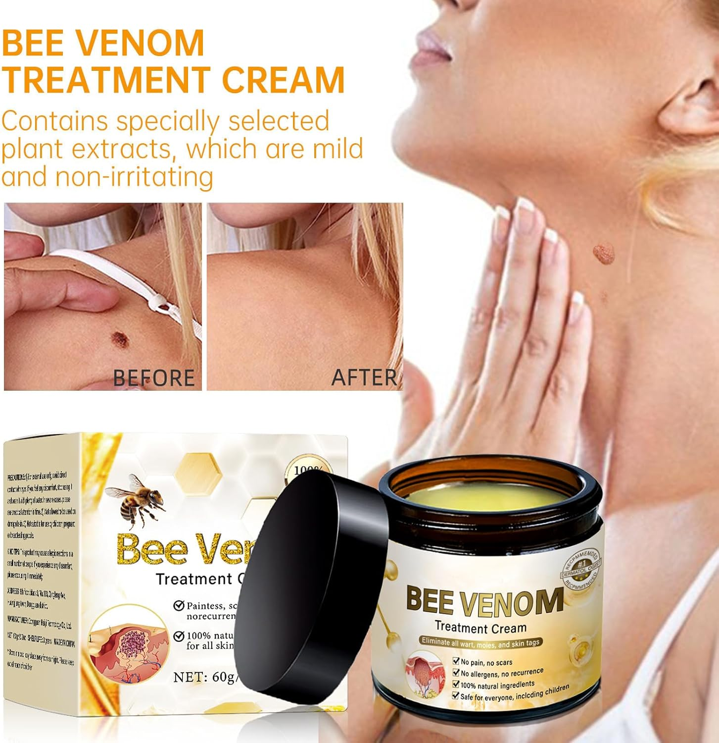 2PC Turonu Bee Venom Treatment Cream，Professional Bee Venom Correcting Gel, Skin Repair Cream, Bee Venom Wart and Mark Removal Treatment，Bee Venom Skin Mark Remover, Correcting Gel for All Skin Types image number 4