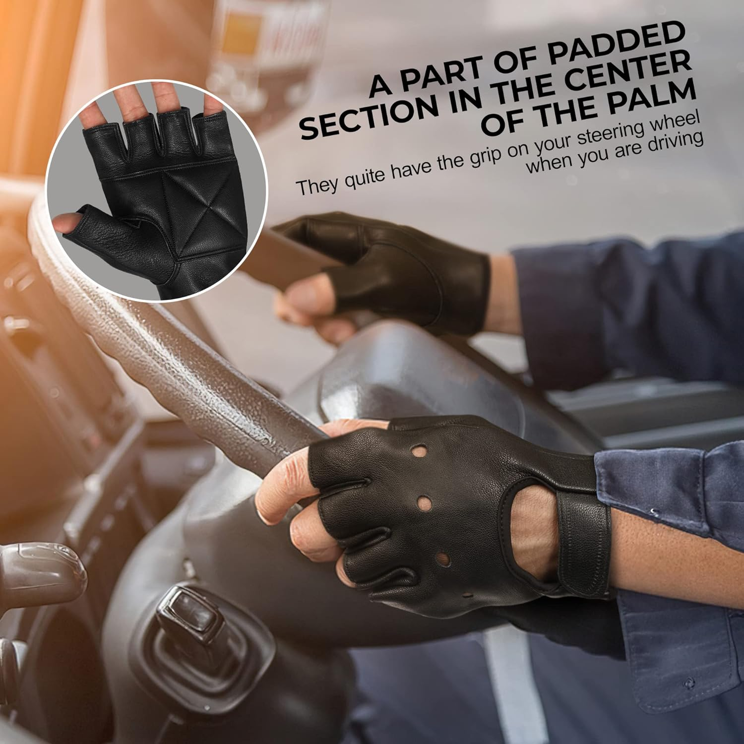 Leather Half Finger Cycling Wheelchair Gym Bus Driving Weight Lifting Glove image number 3