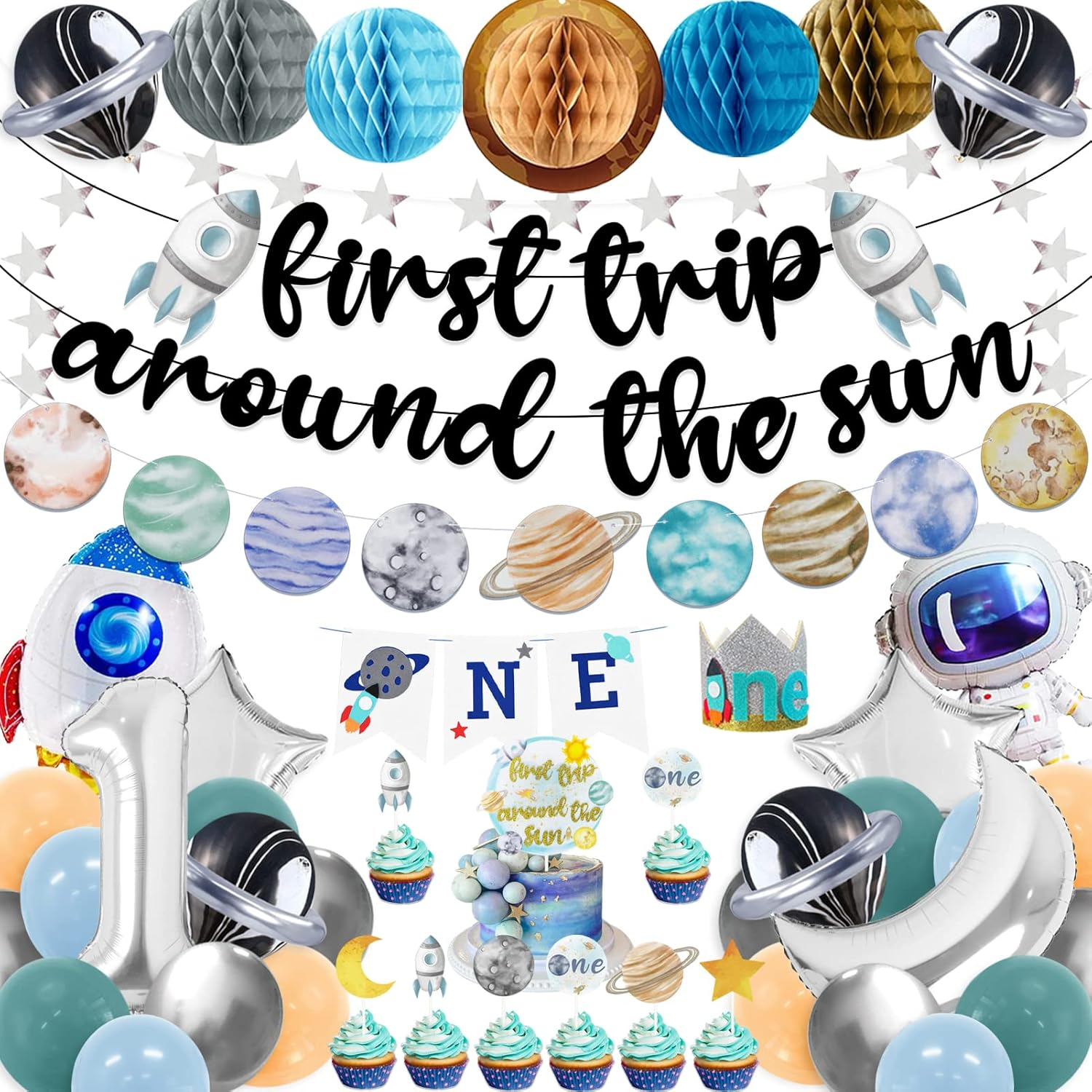 First Trip around the Sun Birthday Party Decoration Pack,1St Baby Shower Birthday Party Supplies(Including Banner, Star Garland, High Chair ONE Banner, Cake Toppers, Latex and Foil Balloons, Felt Hat)